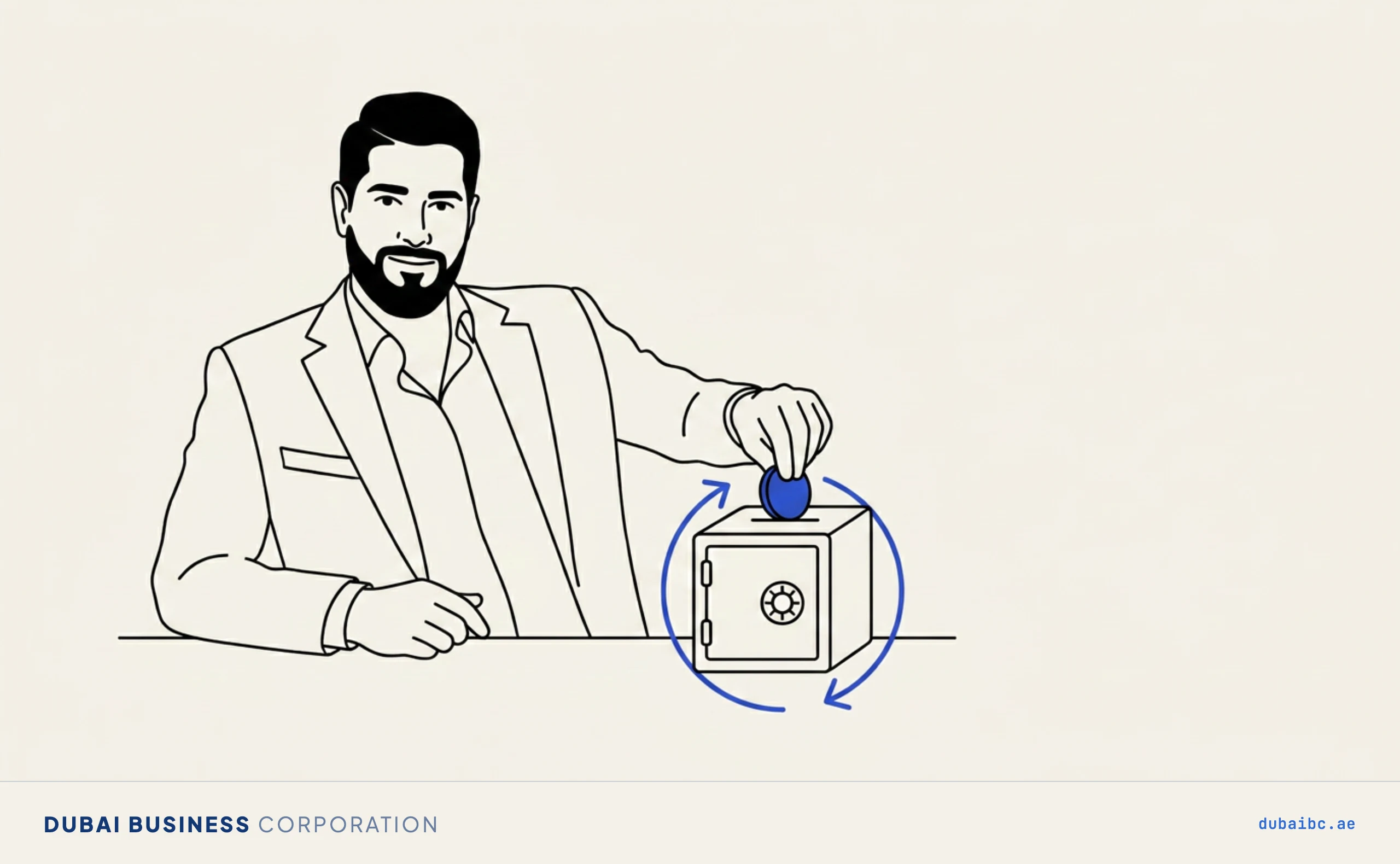 Line drawing of a man dropping a blue coin into a small vault, with a blue circular arrow showing the deposit is refundable.