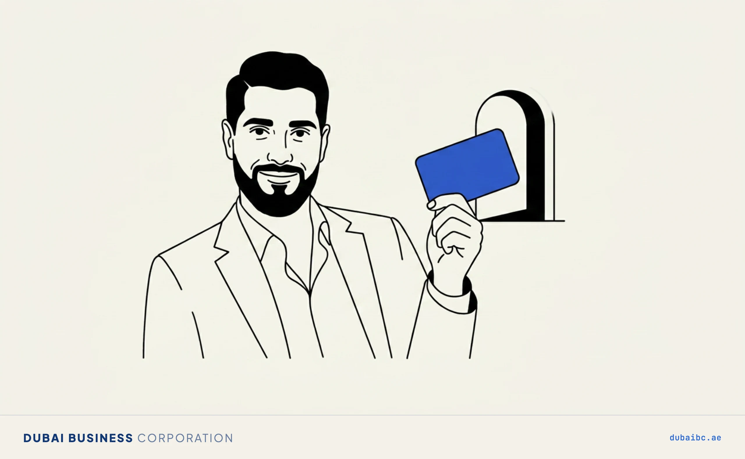Line drawing of a man holding up a blue establishment card with a portal archway behind it, showing the card comes first.