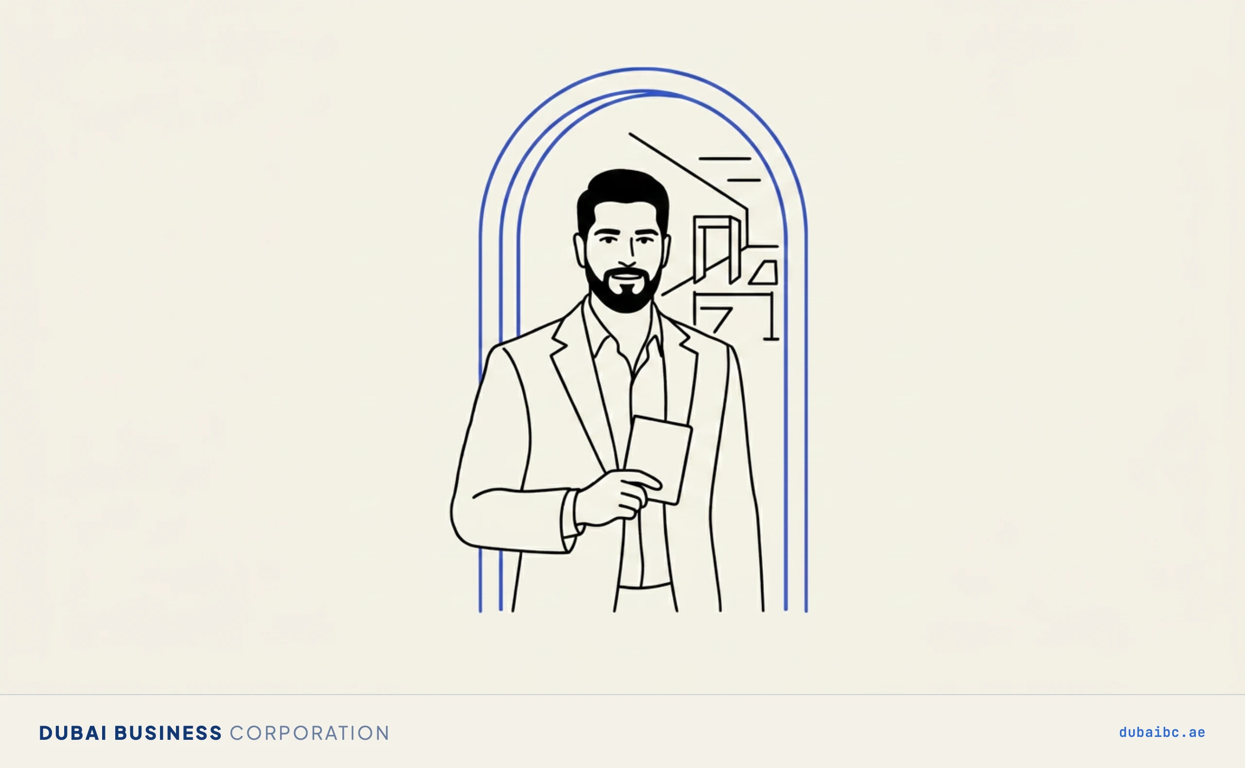 Line drawing of a man holding a passport before a tall blue portal archway that leads through to visa processing.