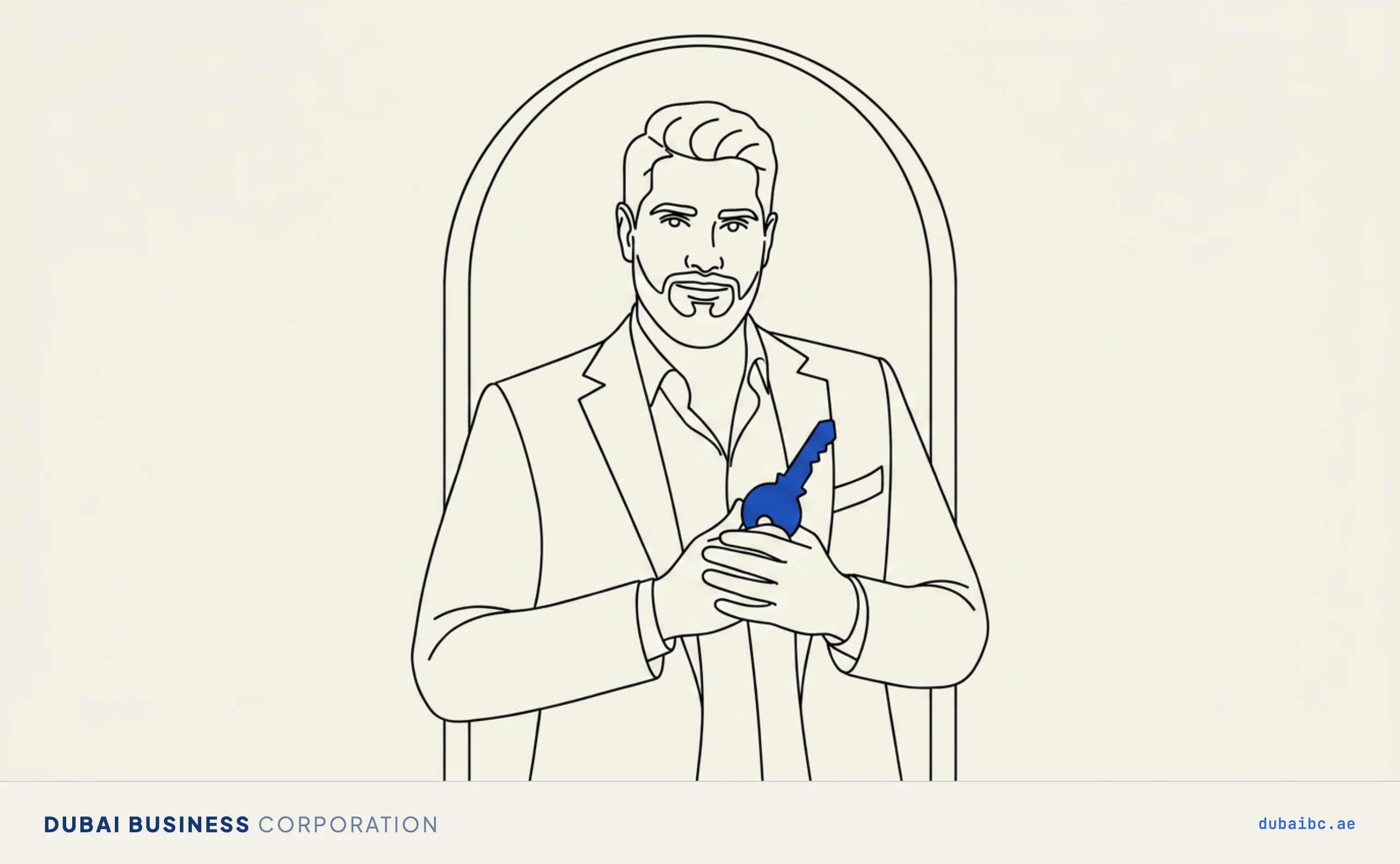 Line drawing of a man holding a single blue key close to his chest in front of a portal archway.