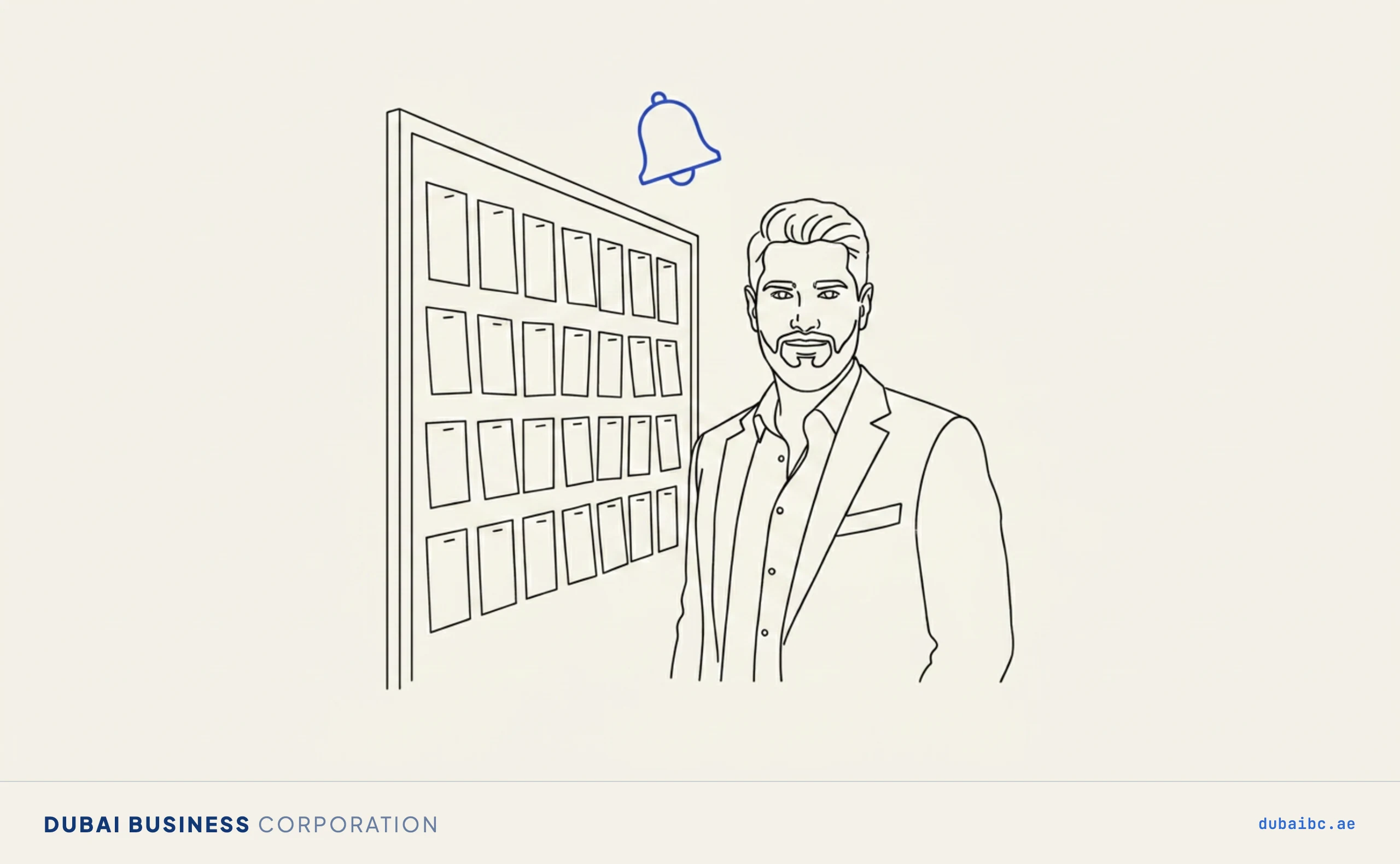 Line drawing of a man beside a board of many small blank card outlines with a single royal-blue reminder bell above it.
