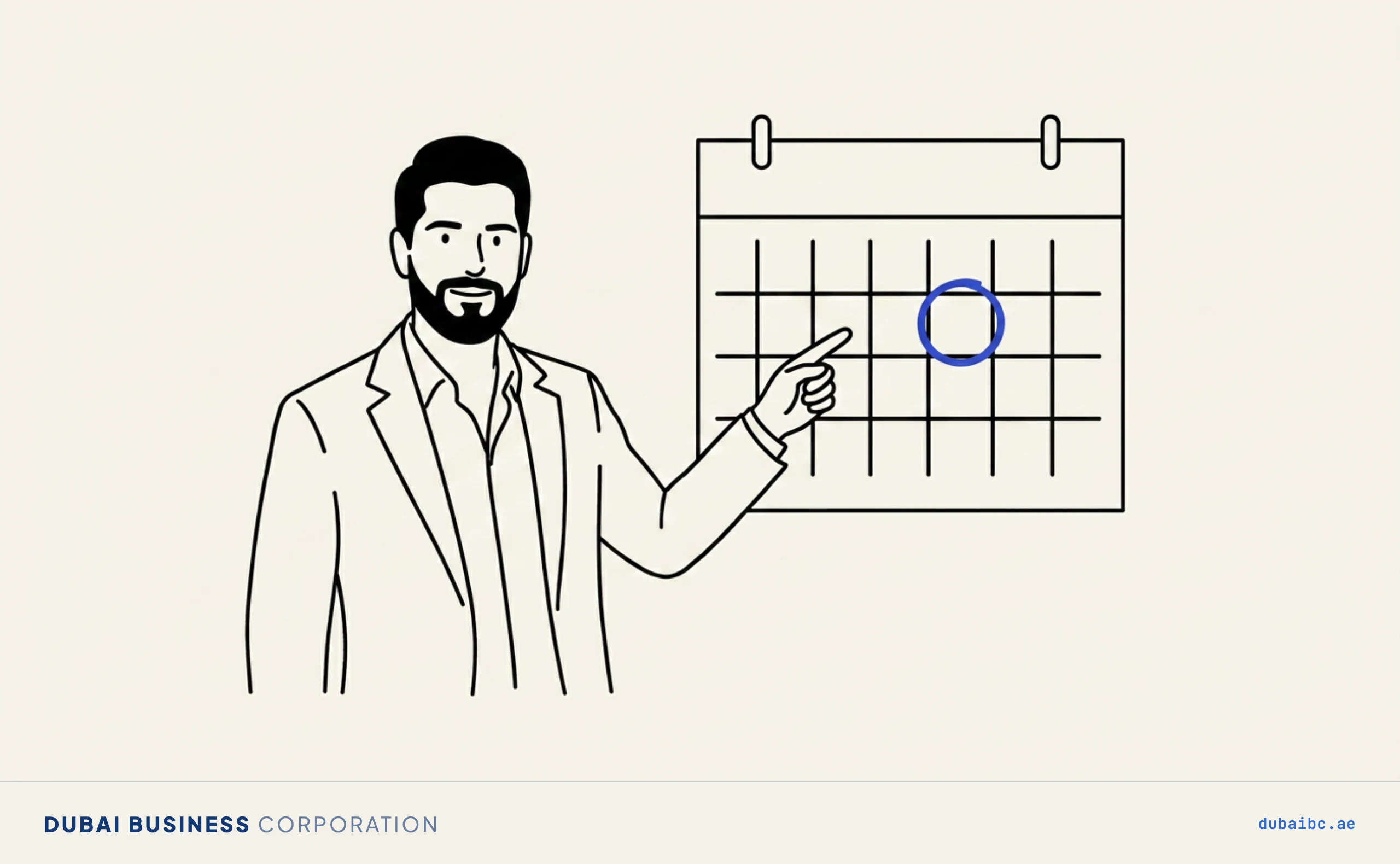 Line drawing of a man pointing at a wall calendar with one day circled by a single royal-blue ring.