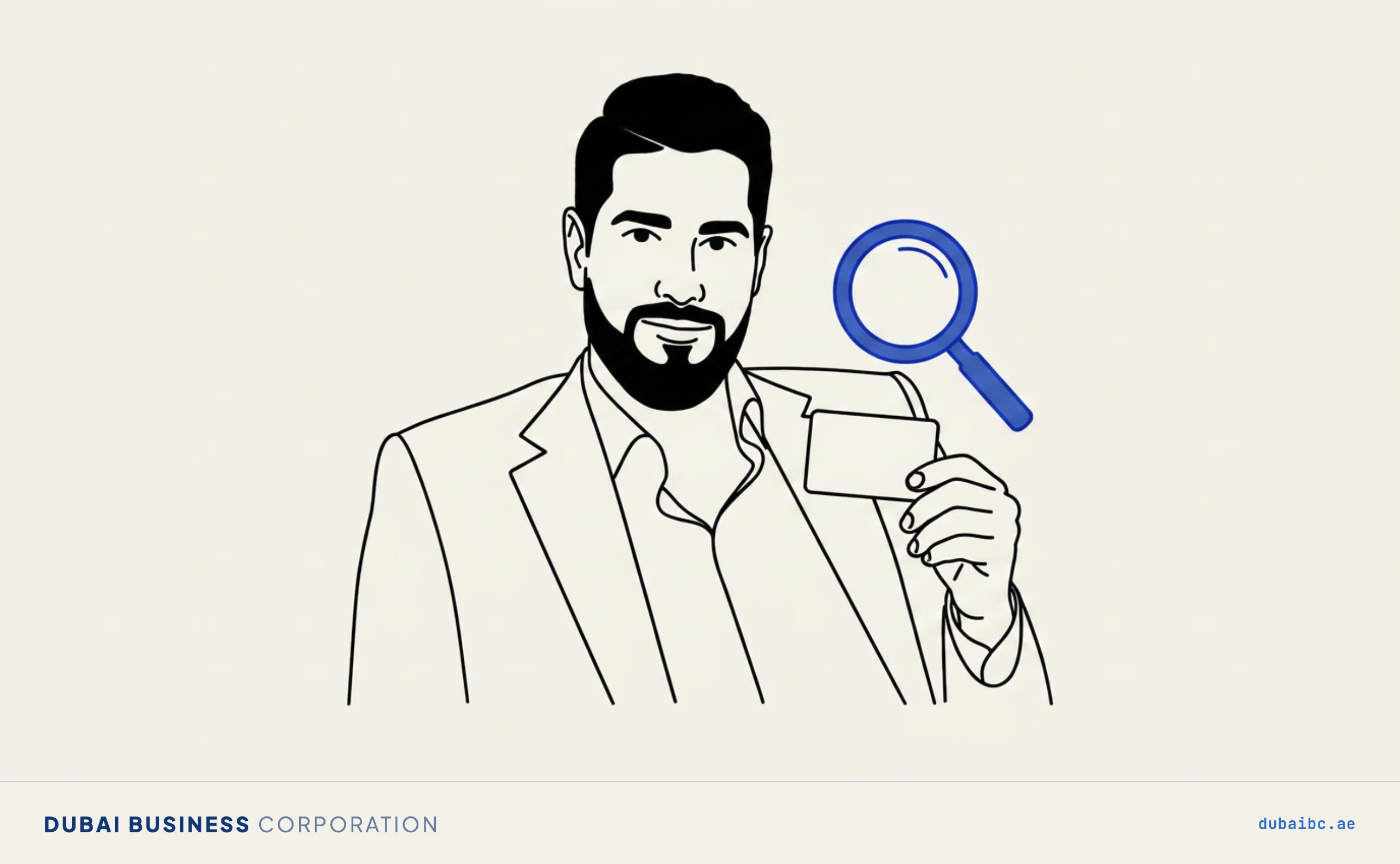 Line drawing of a man holding a plain blank ID card with a single royal-blue magnifying glass hovering over it.