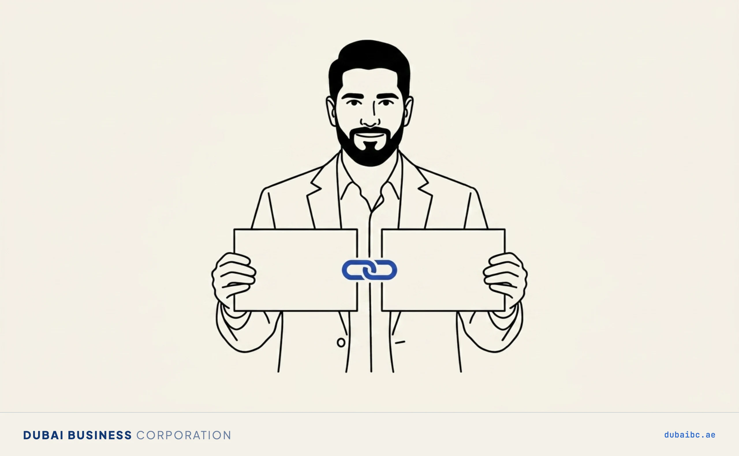 Line drawing of a man holding two blank cards joined by a single royal-blue link symbol.