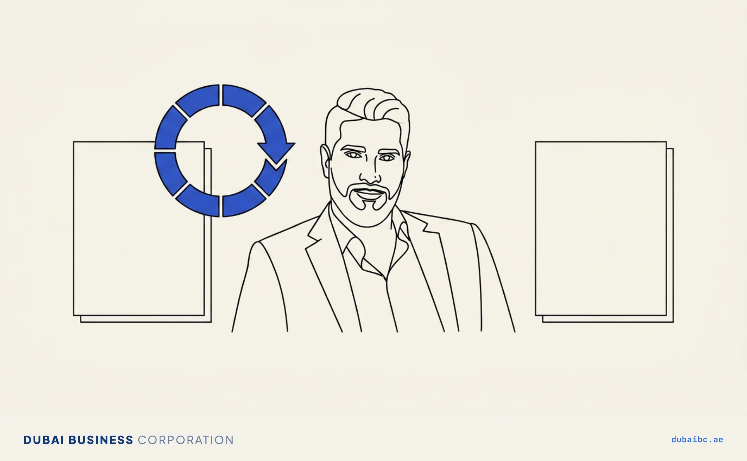Line drawing of a man between two documents linked by a single royal-blue countdown ring.
