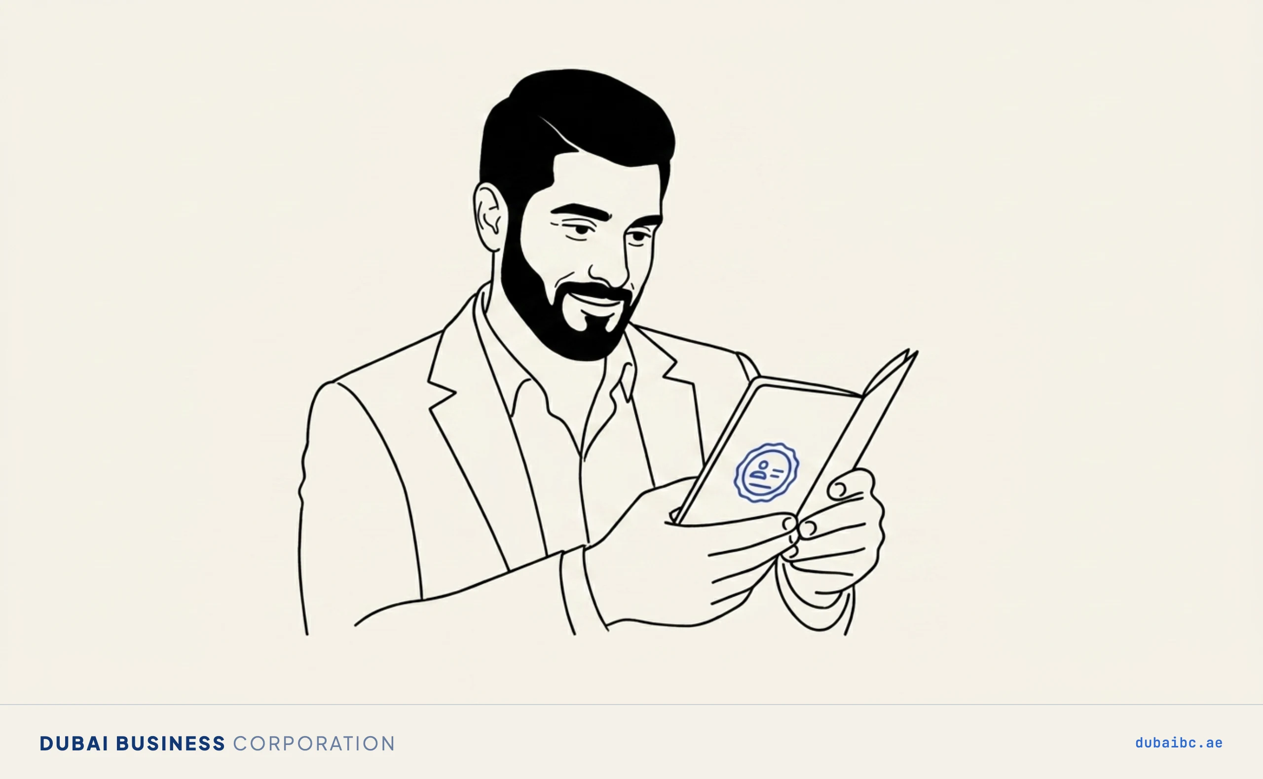 Line drawing of a man looking at a passport page with a single royal-blue digital badge where a stamp used to be.