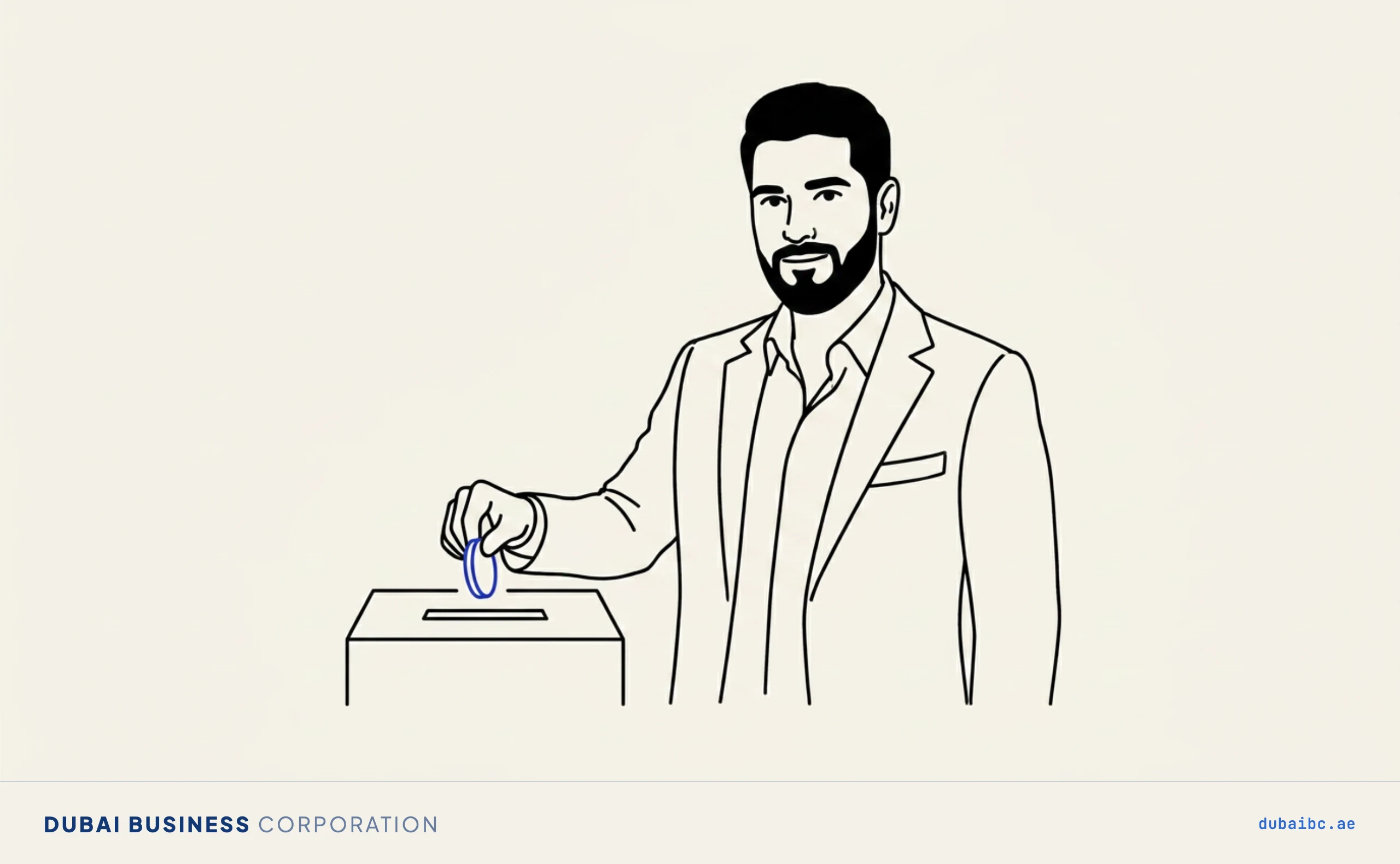 Line drawing of a man dropping a single royal-blue token into a returnable slot.