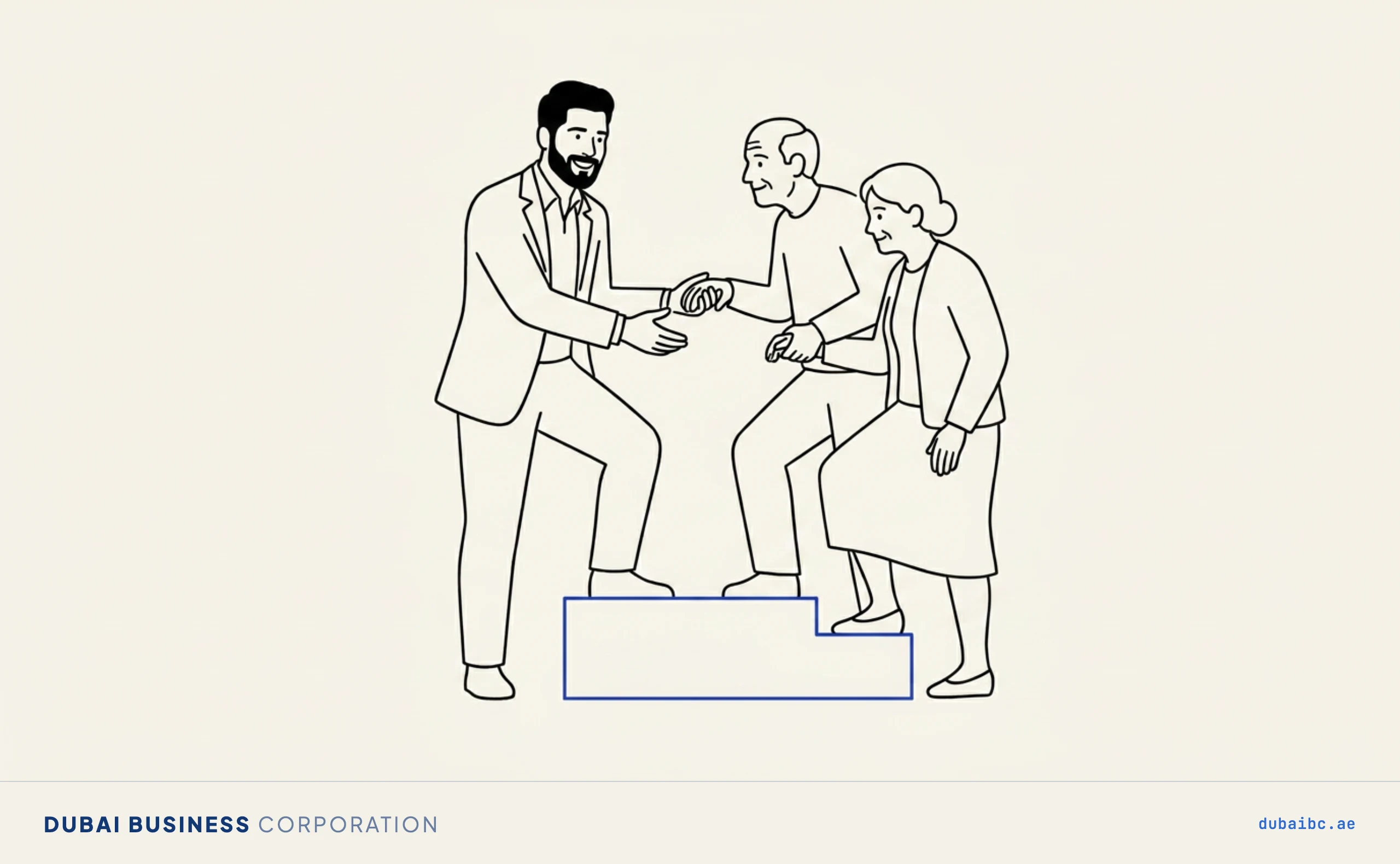 Line drawing of a man helping two elder figures up a single royal-blue step.