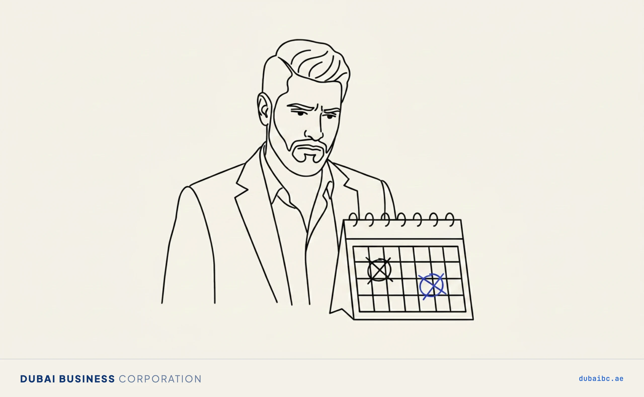 Line drawing of a man frowning at a calendar with two marked days, one royal-blue.