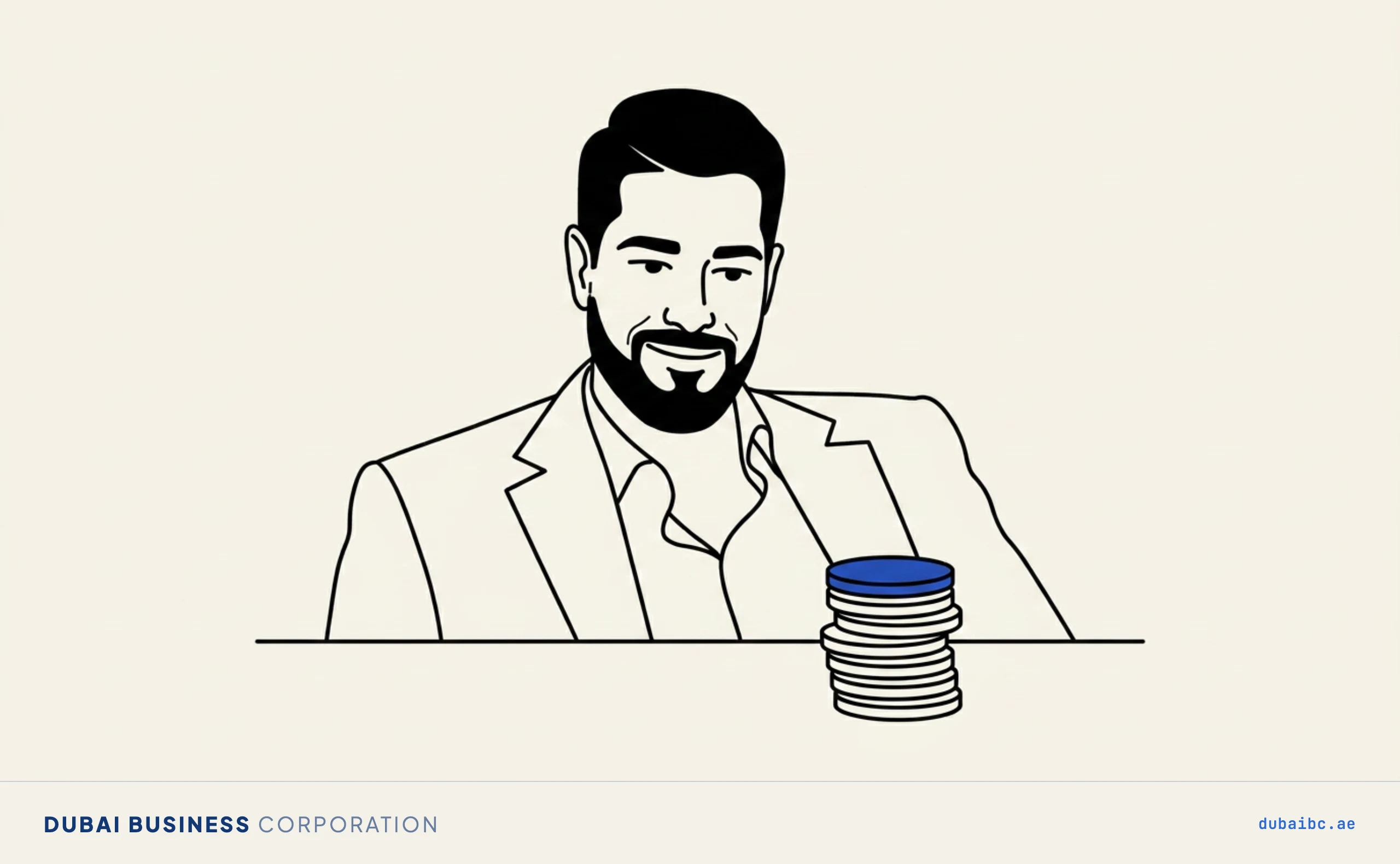 Line drawing of a man looking at a short stack of coins, the top one royal-blue.