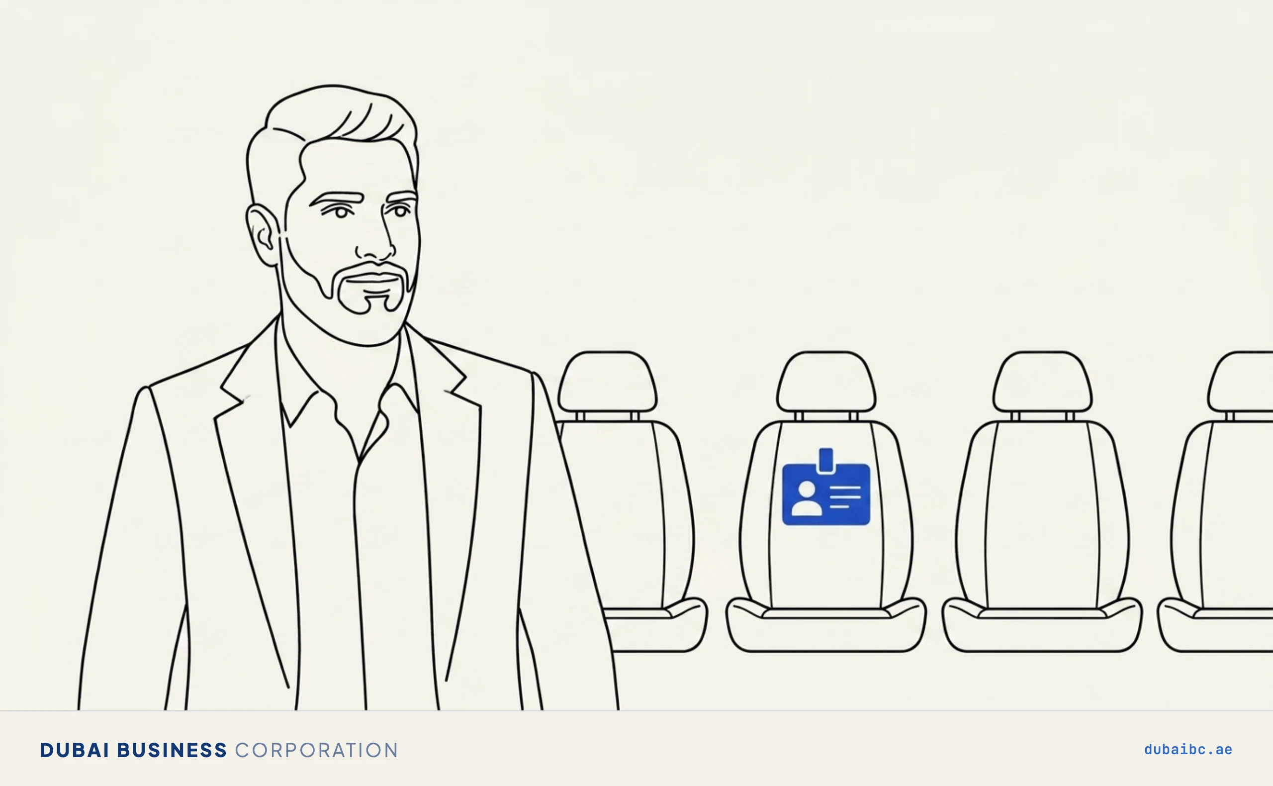 Line drawing of a man looking at a row of driver seats, one filled with a royal-blue badge.