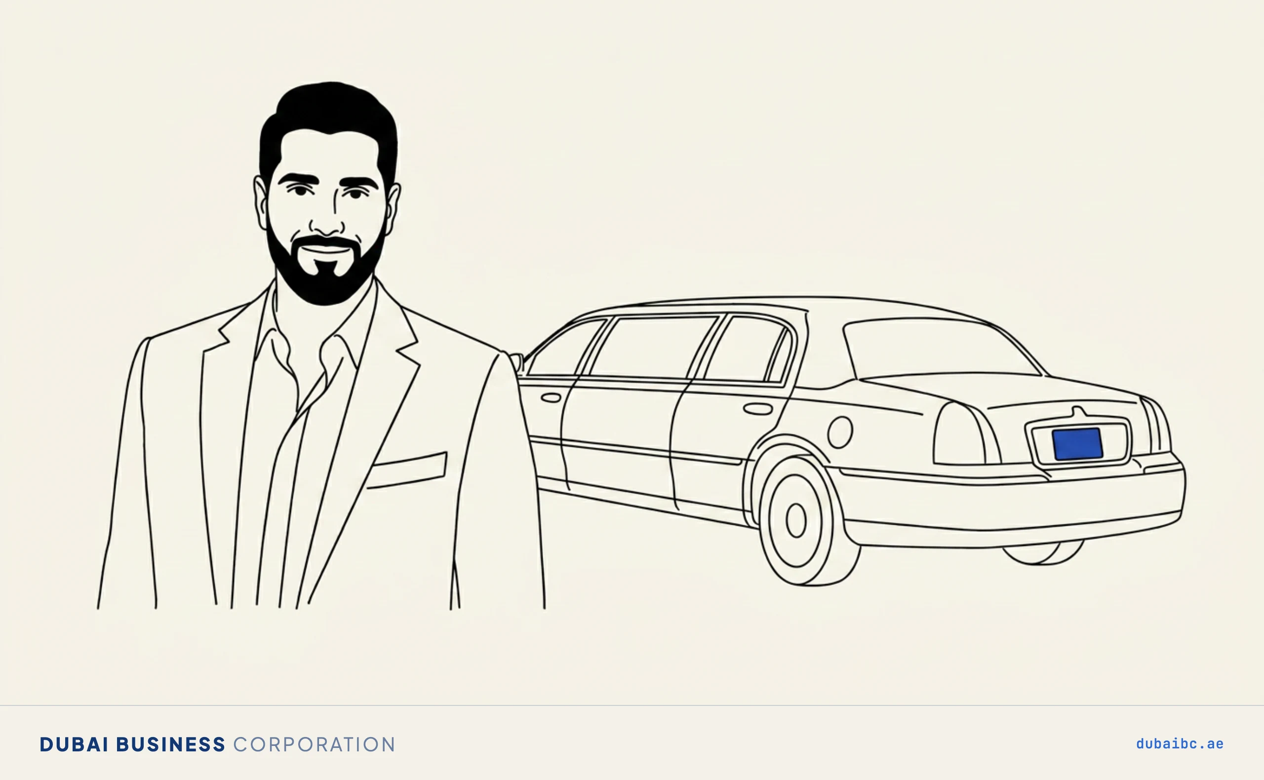Line drawing of a man beside a car marked with a single royal-blue livery plate.
