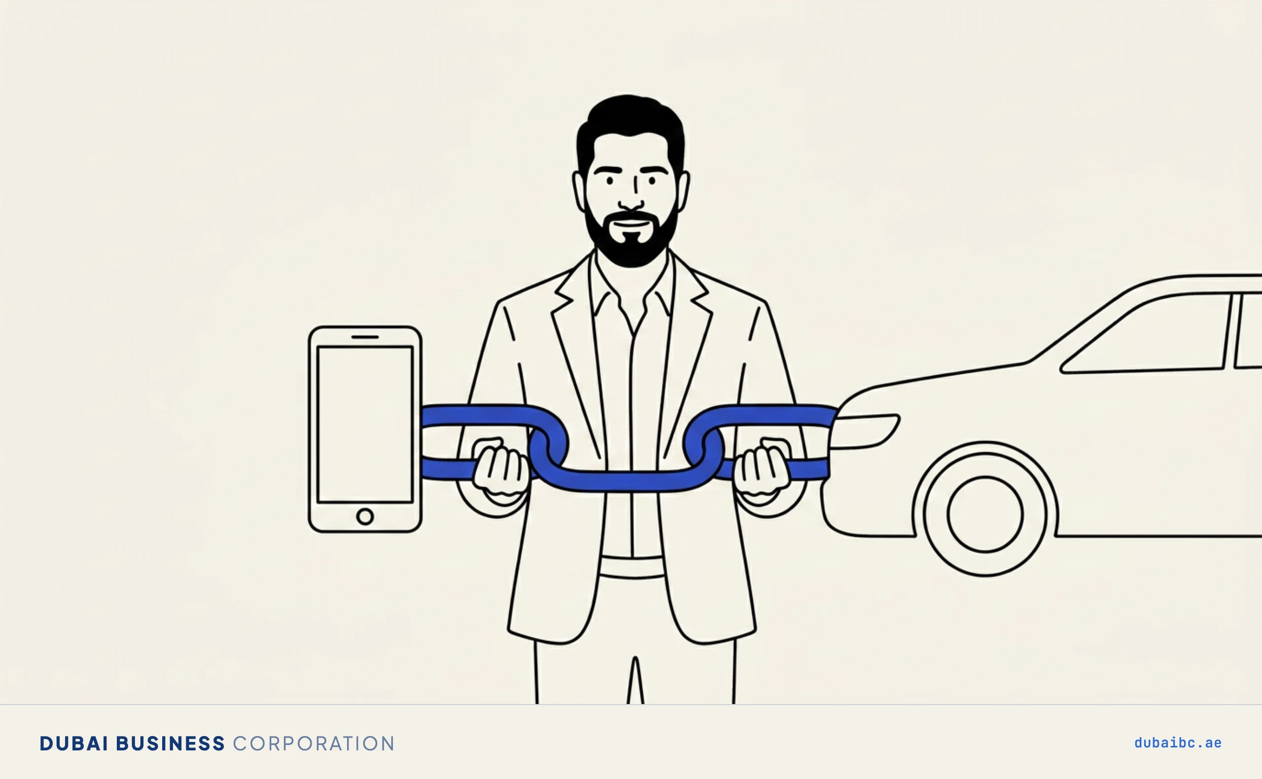 Line drawing of a man holding a single royal-blue link joining a car to a phone.