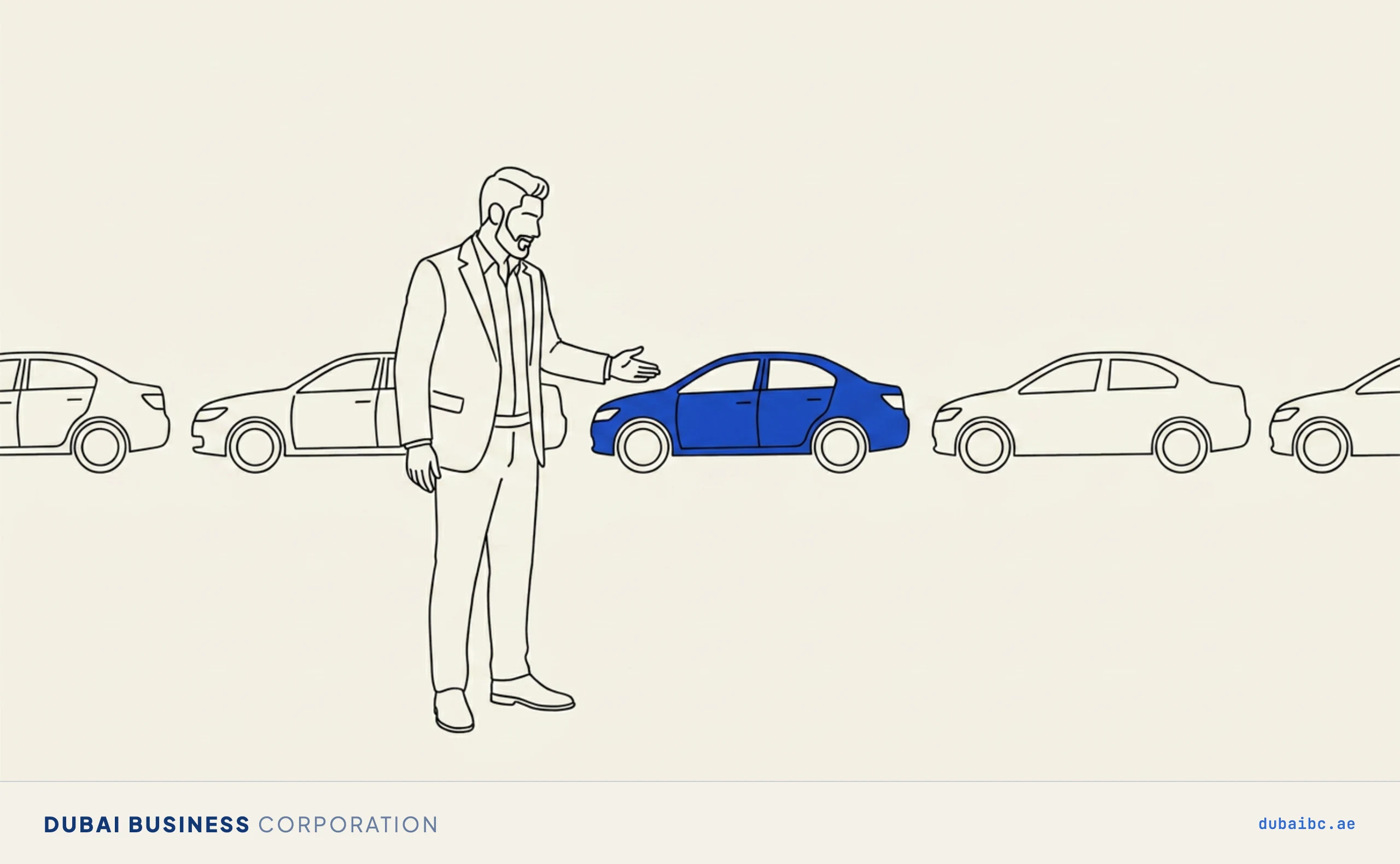 Line drawing of a man inspecting a row of cars, one royal-blue.