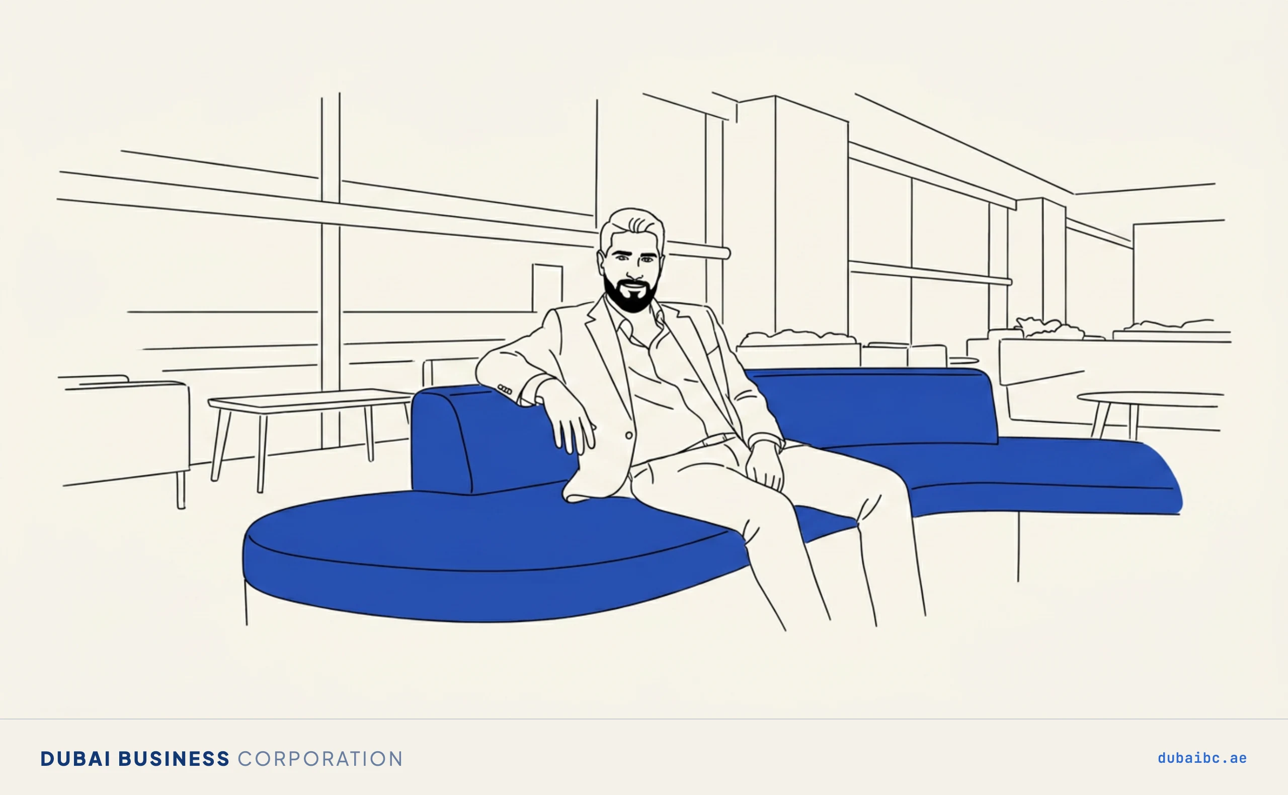 Ali relaxes on a sofa, serviced space.