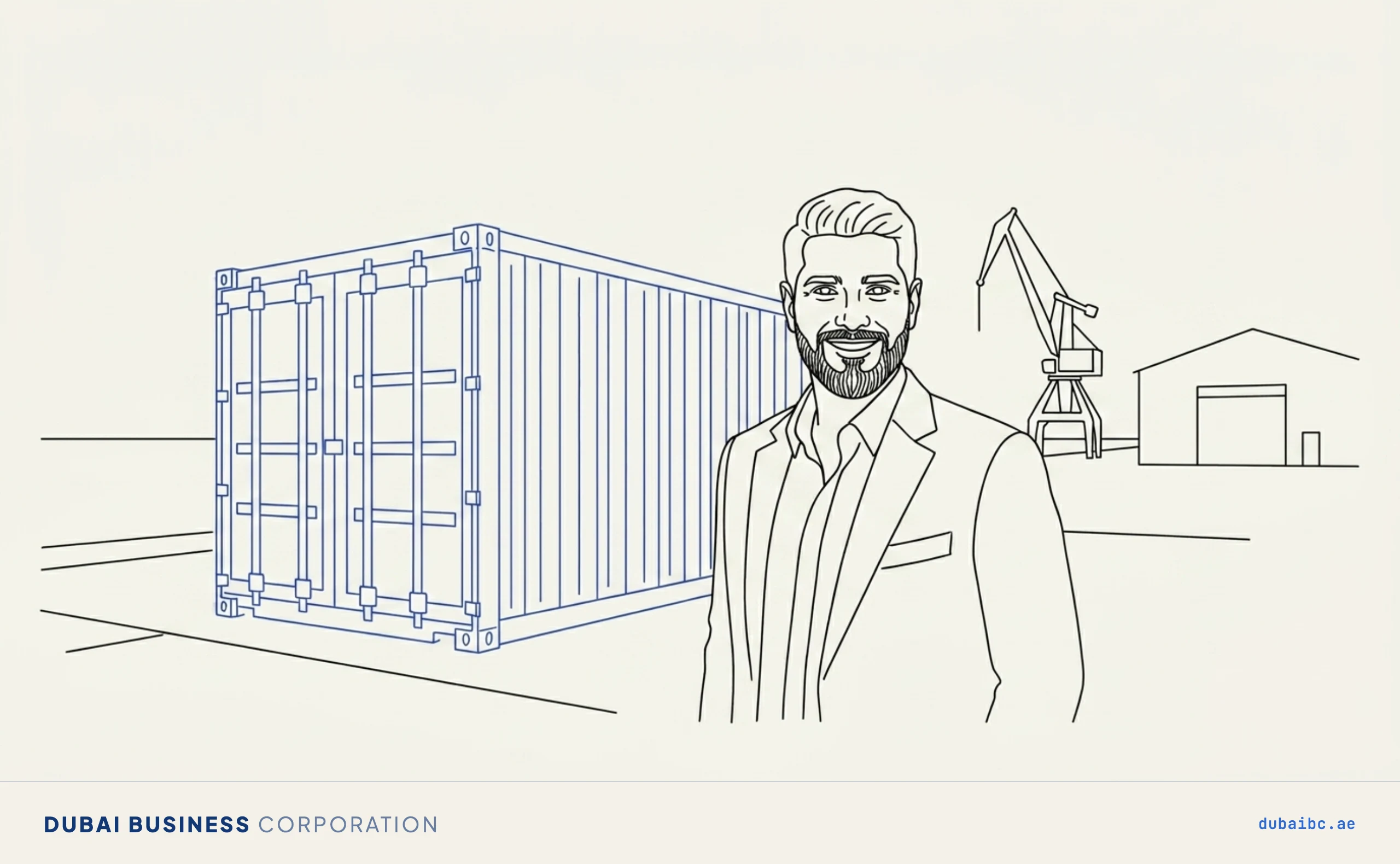 Ali beside a shipping container at Fujairah Free Zone