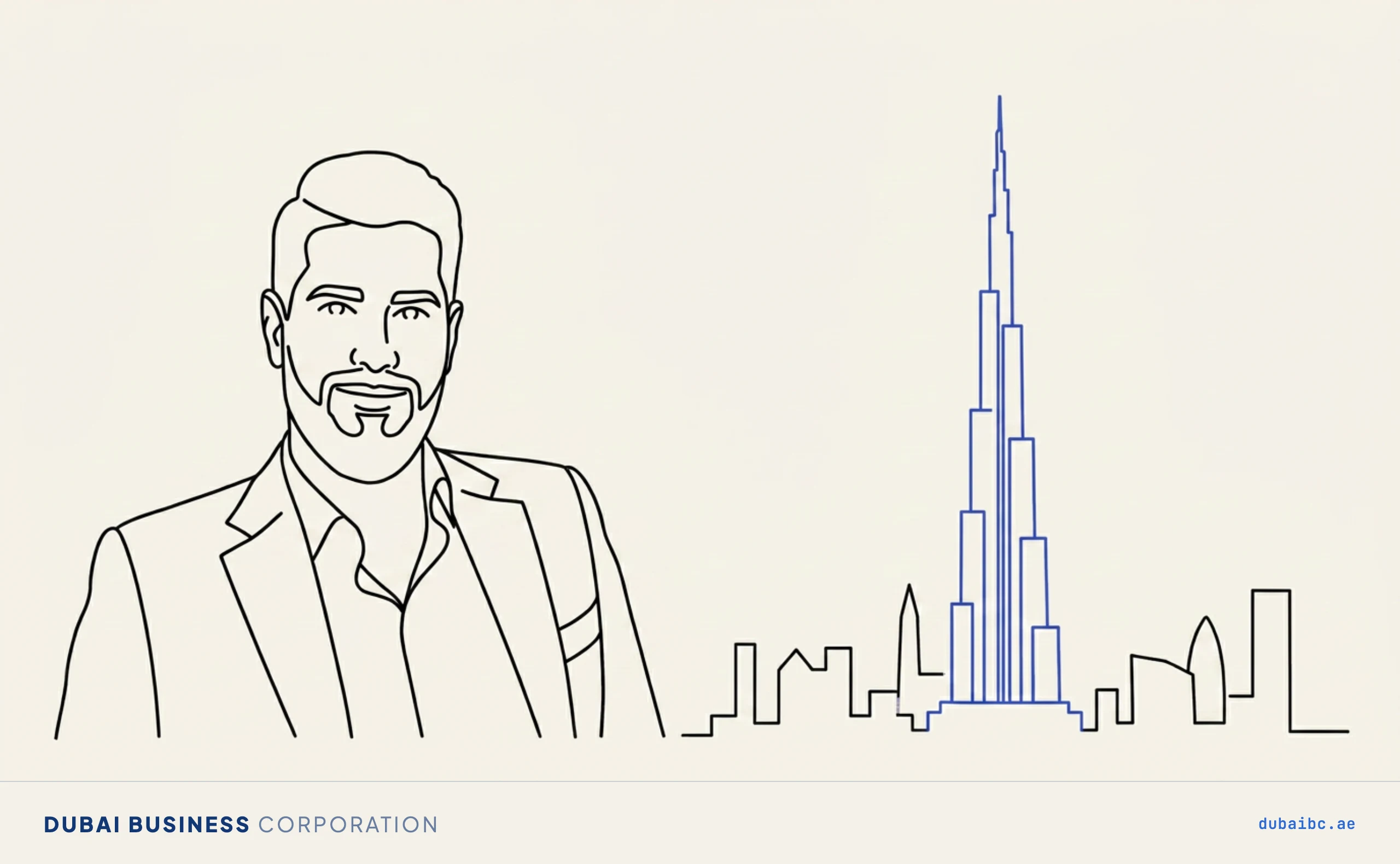Ali before a Dubai skyline tower, Dubai free zones