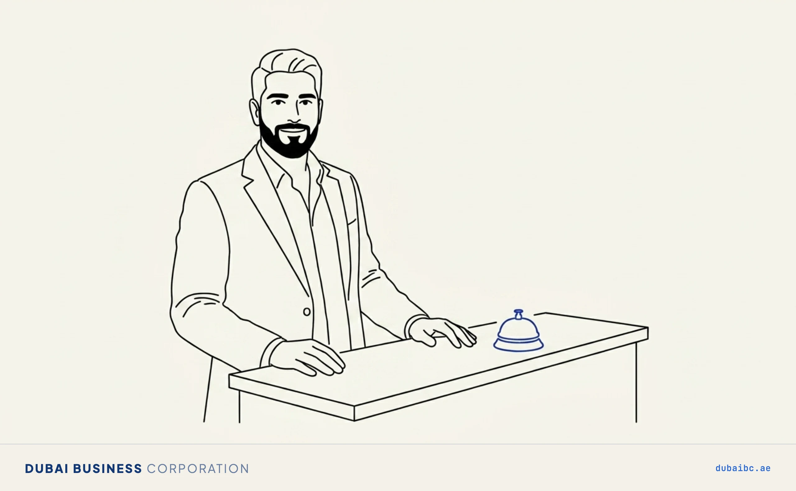 Line drawing of a man at a service counter with a single royal-blue call bell.