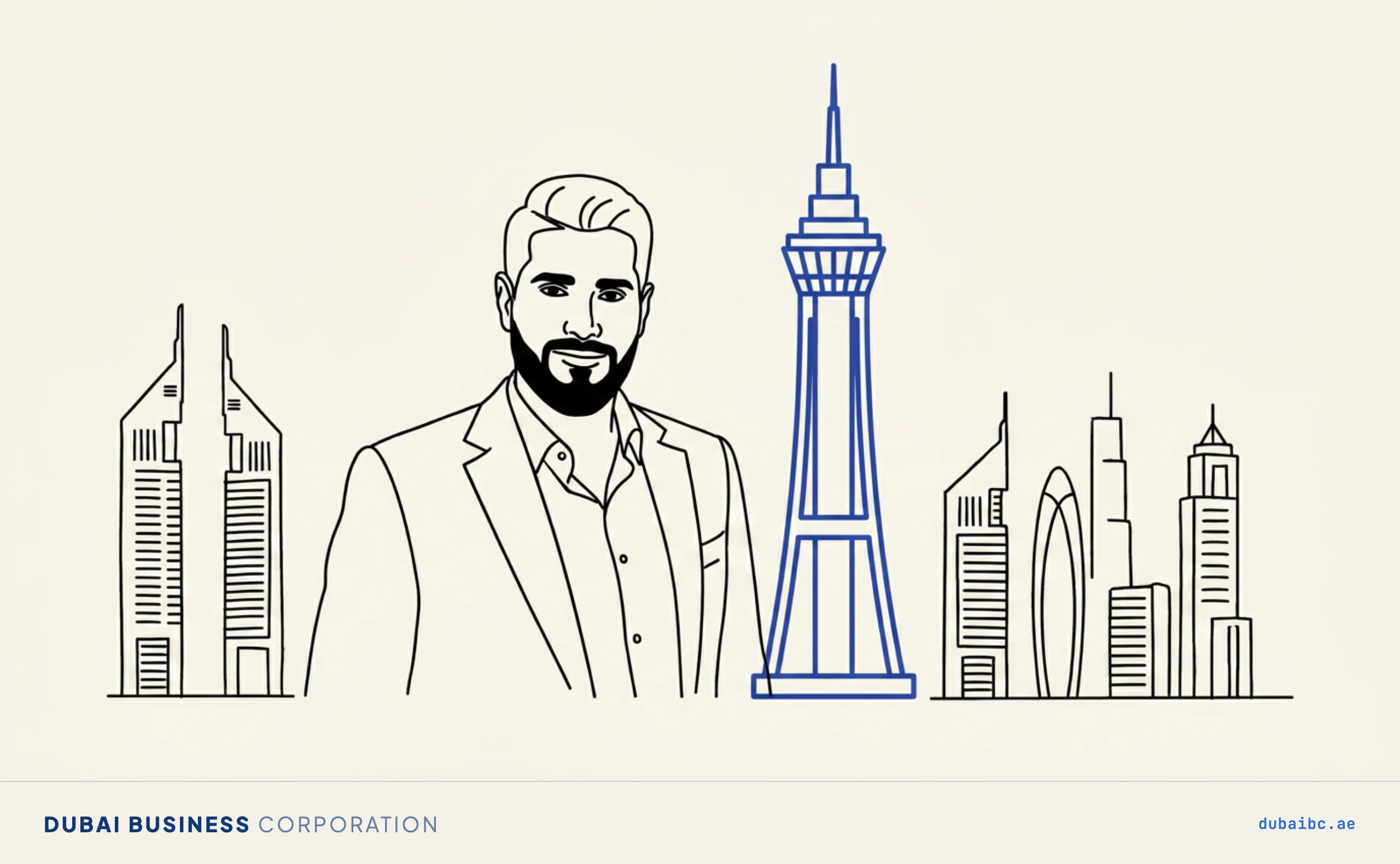 Line drawing of a man beside a single royal-blue tall landmark tower among plain buildings.