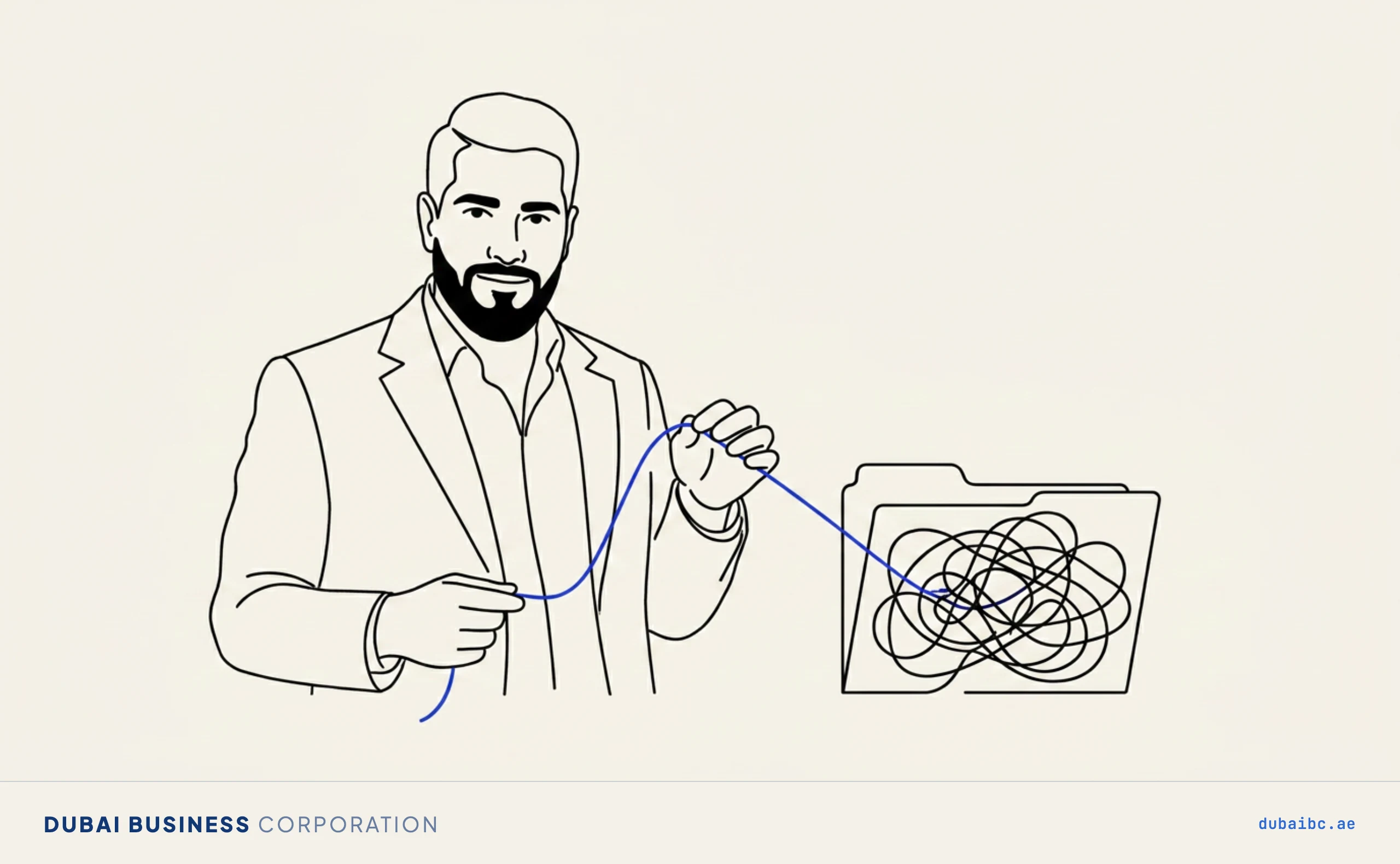 Line drawing of a man calmly pulling one royal-blue thread loose from a plain tangle.