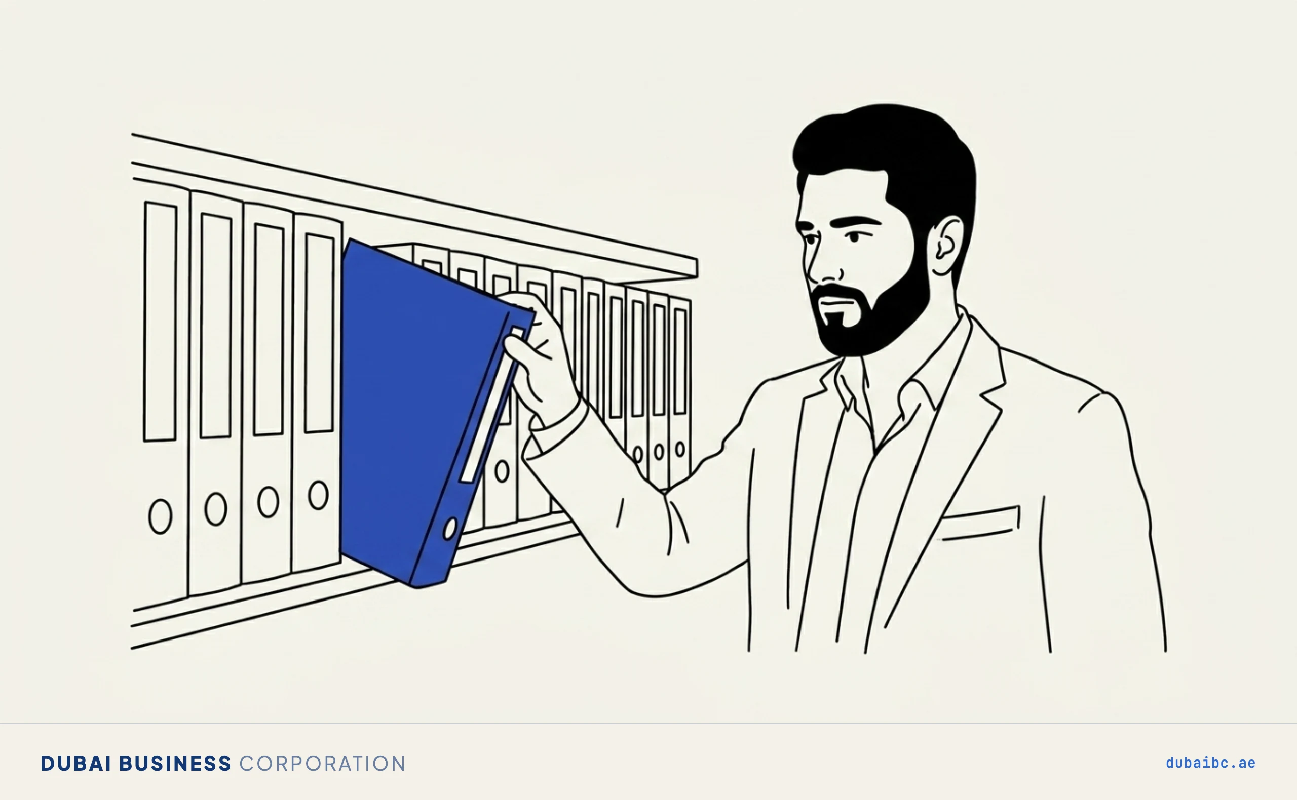 Line drawing of a man pulling a single royal-blue folder from a shelf of identical folders.