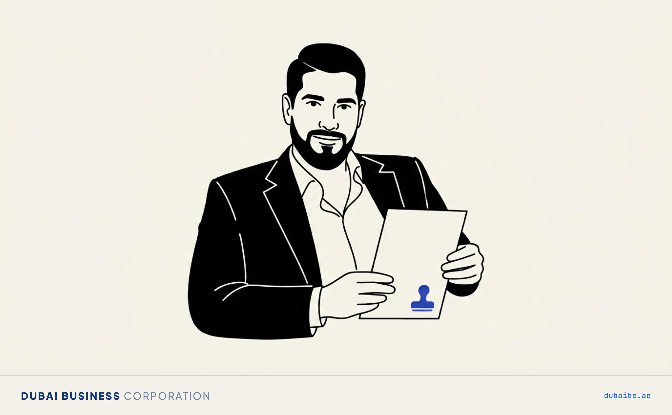 Line drawing of a man holding a licence with a single royal-blue precious-metals stamp.