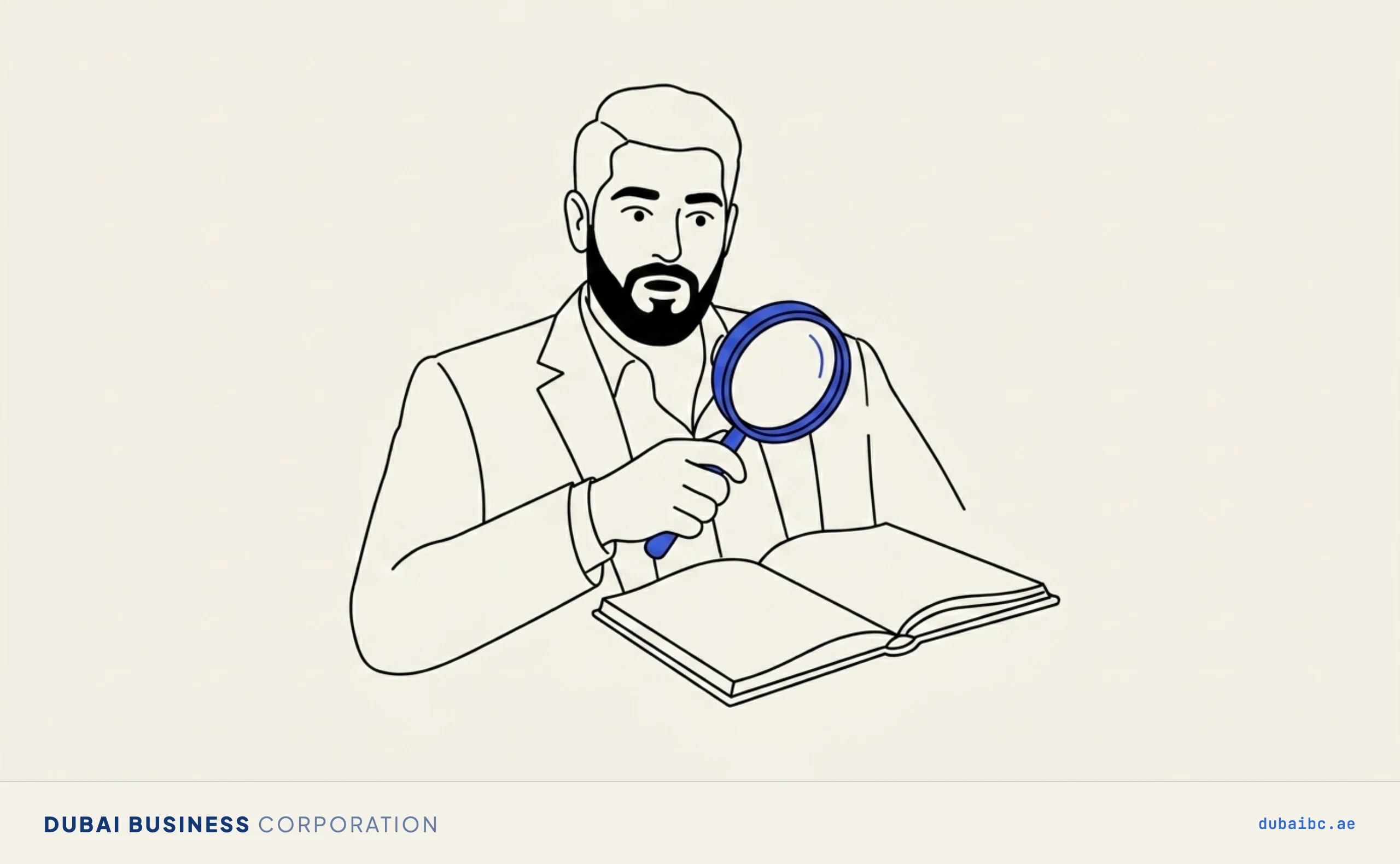 Line drawing of a man holding a single royal-blue magnifier over a plain ledger.