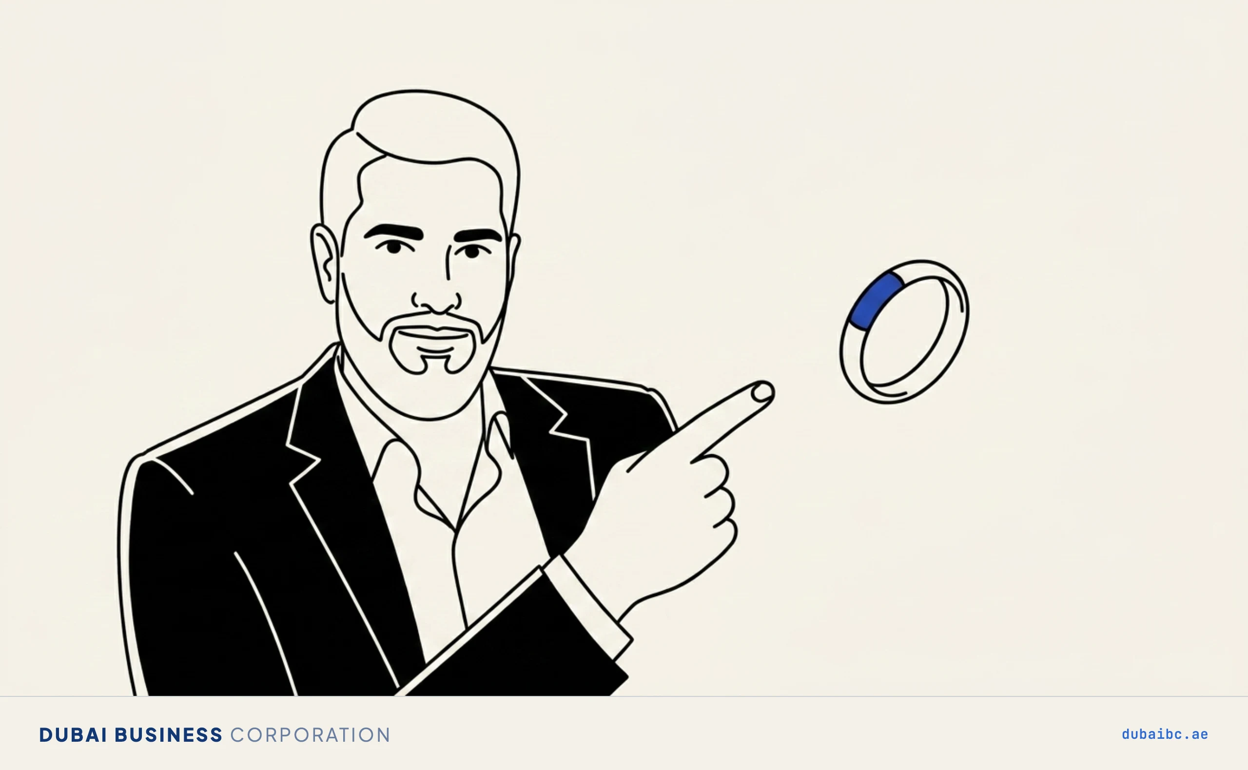 Line drawing of a man pointing at a ring where a single royal-blue band marks the making charge.