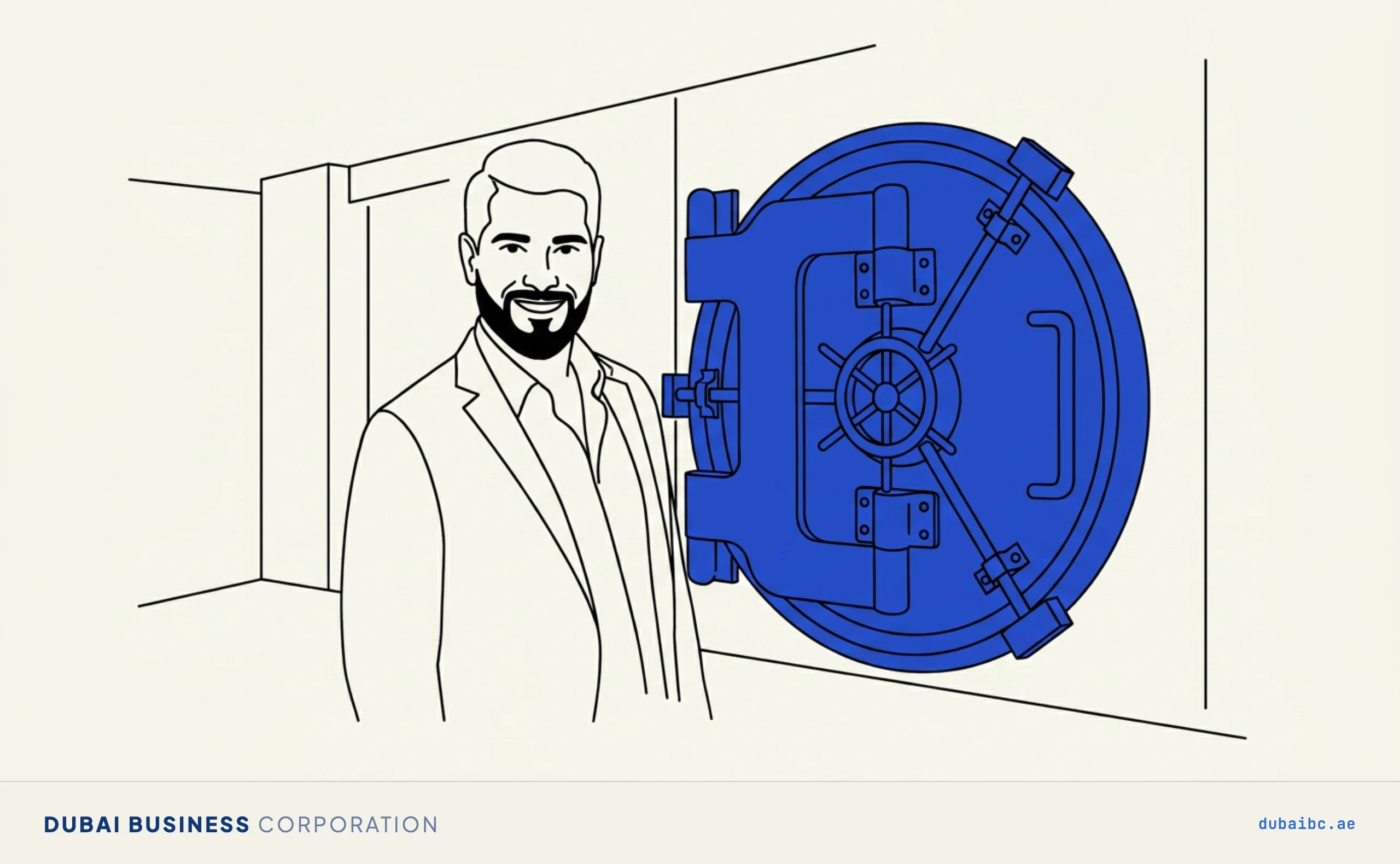 Line drawing of a man beside a single royal-blue vault door in a plain shop.
