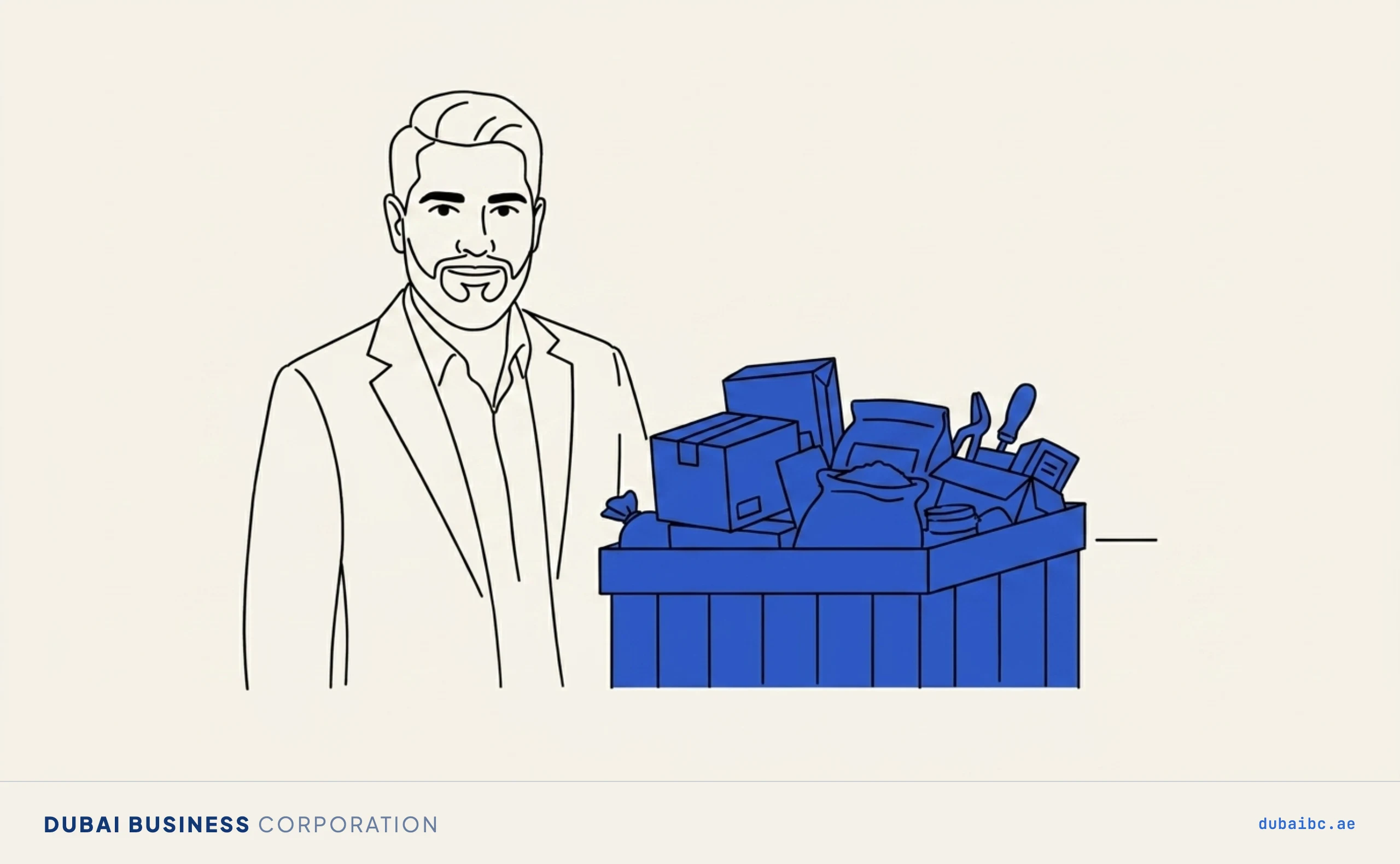 Ali beside an overflowing crate, what general trading covers