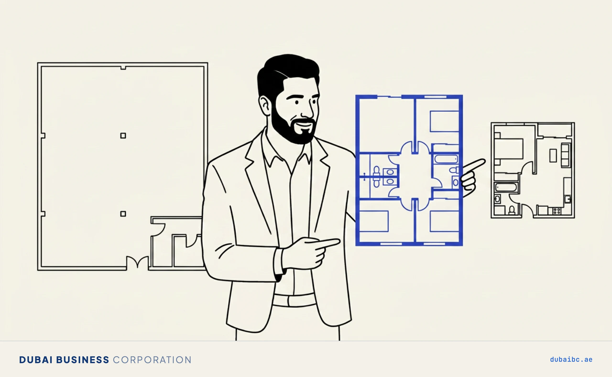 Line drawing of a man comparing three floor layouts side by side, one royal-blue.