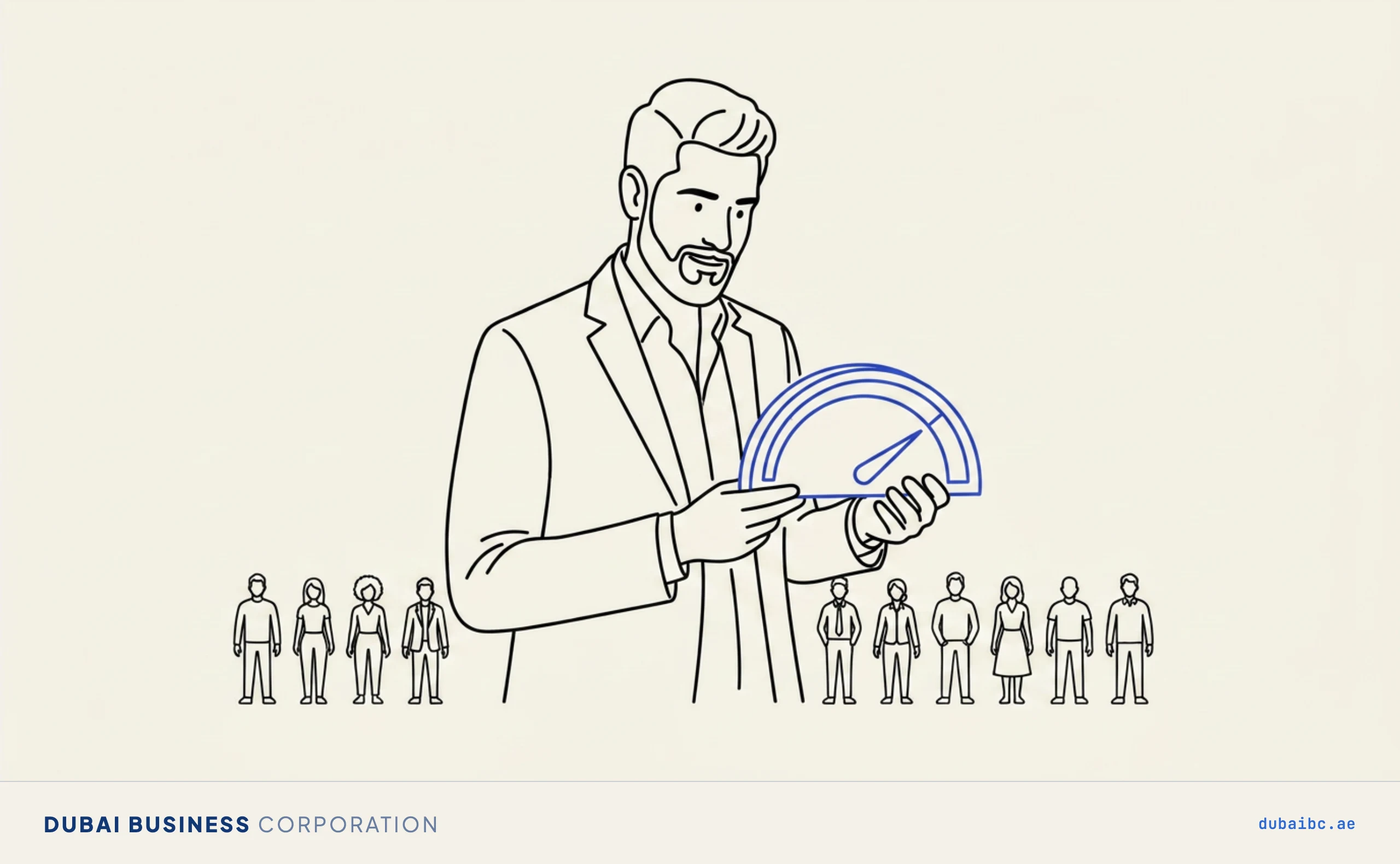 Line drawing of a man reading a single royal-blue gauge over a row of members.