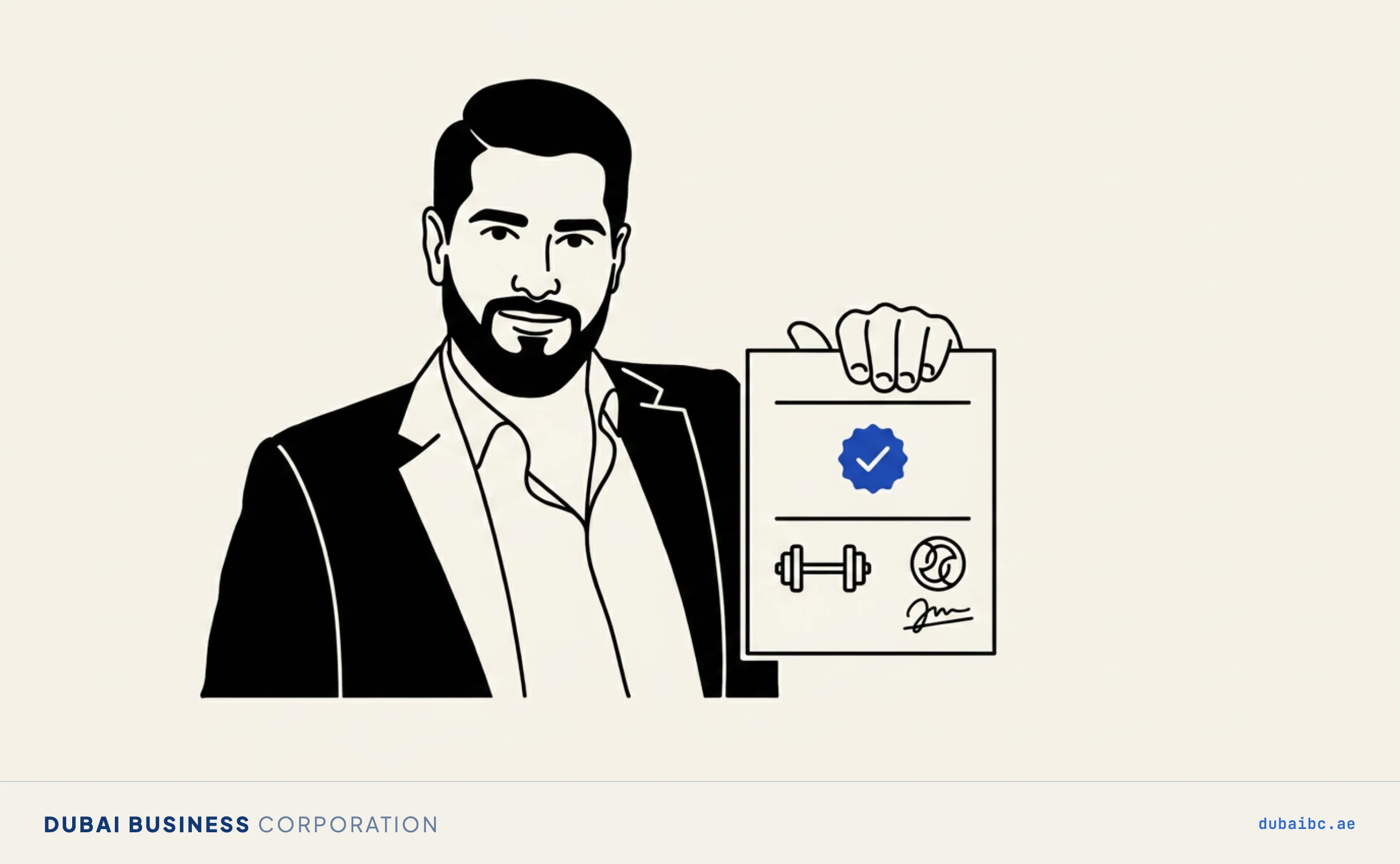 Line drawing of a man holding a licence with a single royal-blue sports approval mark.