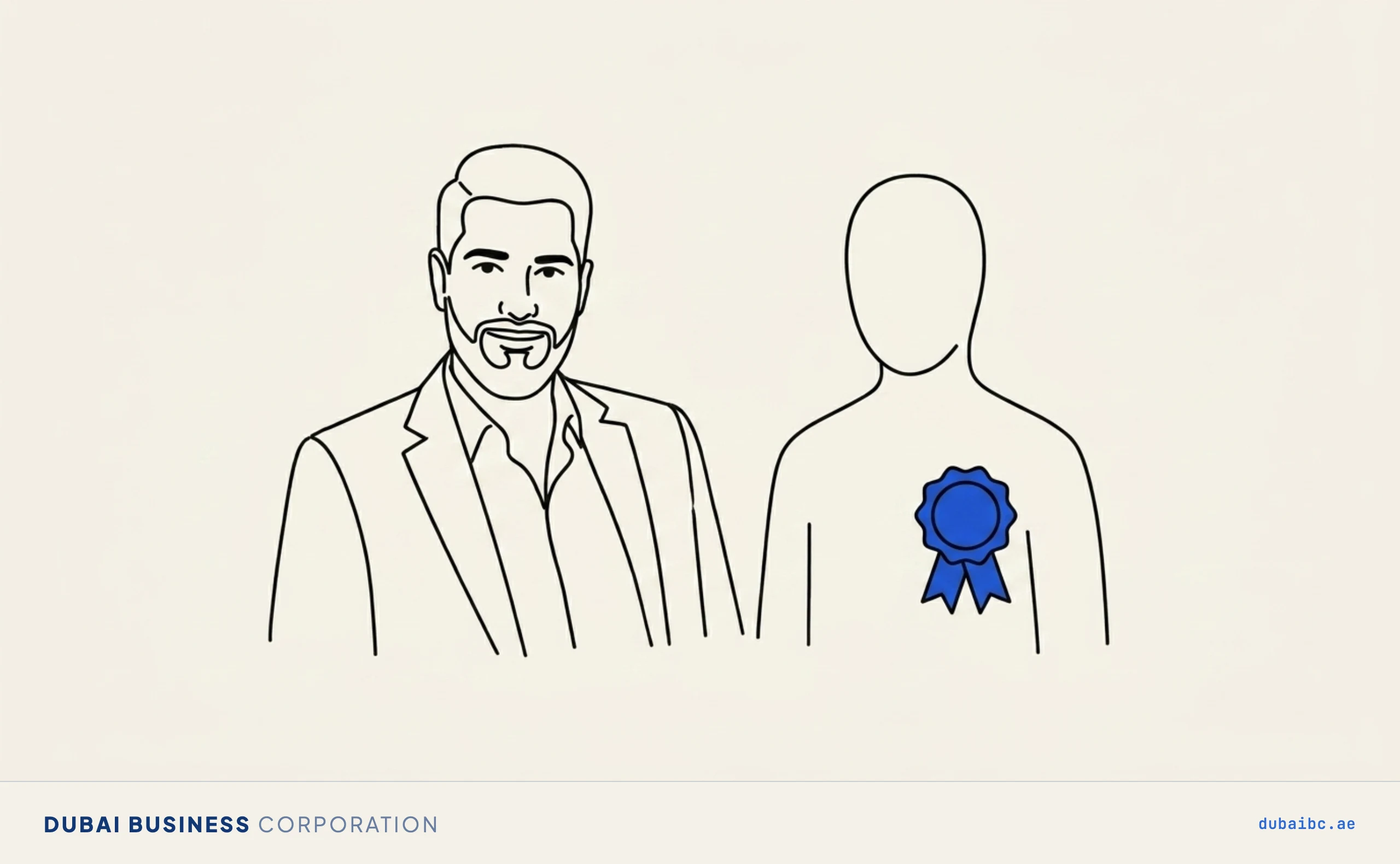 Line drawing of a man beside a trainer figure wearing a single royal-blue certification badge.