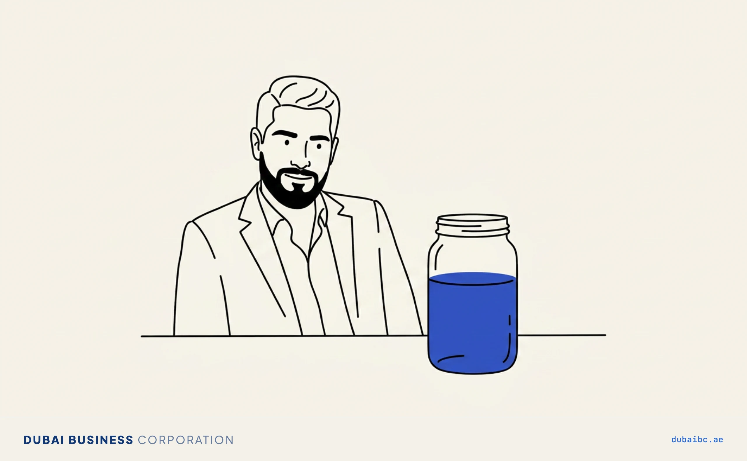 Line drawing of a man watching a royal-blue liquid level rise inside a plain jar.