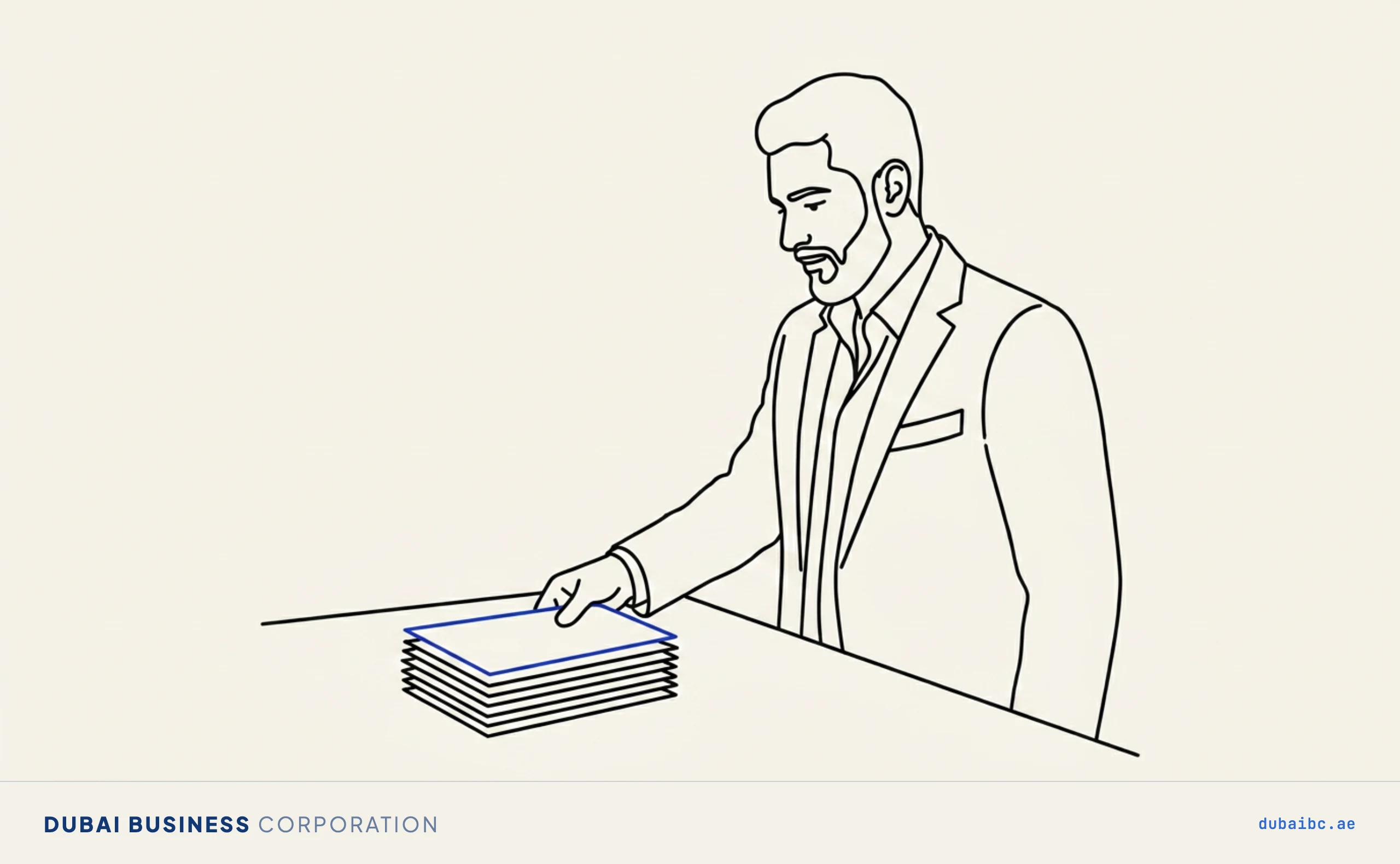 Line drawing of a man setting down a stack of document cards, the top one royal-blue.