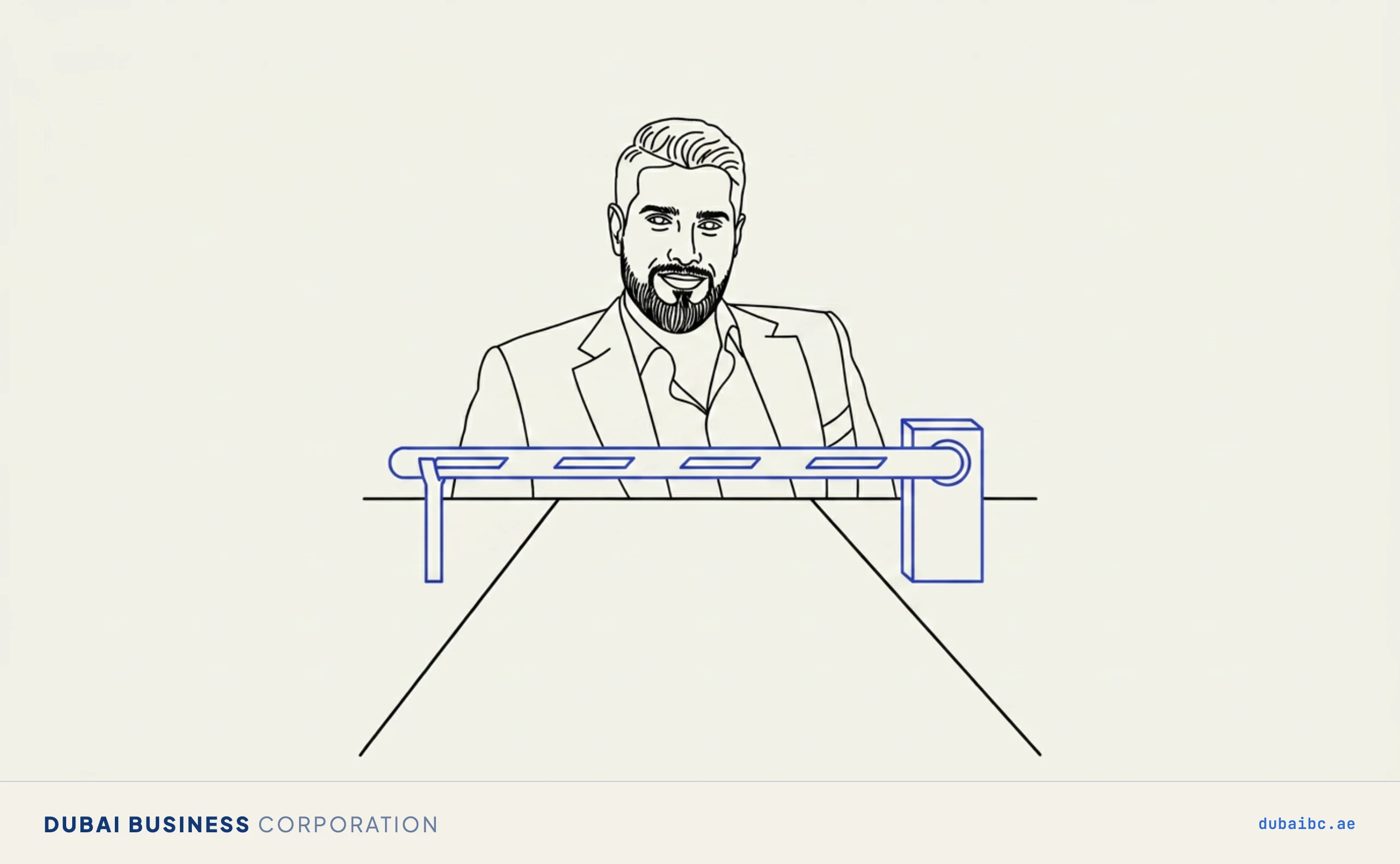 Line drawing of a man standing before a single royal-blue barrier gate across a path.