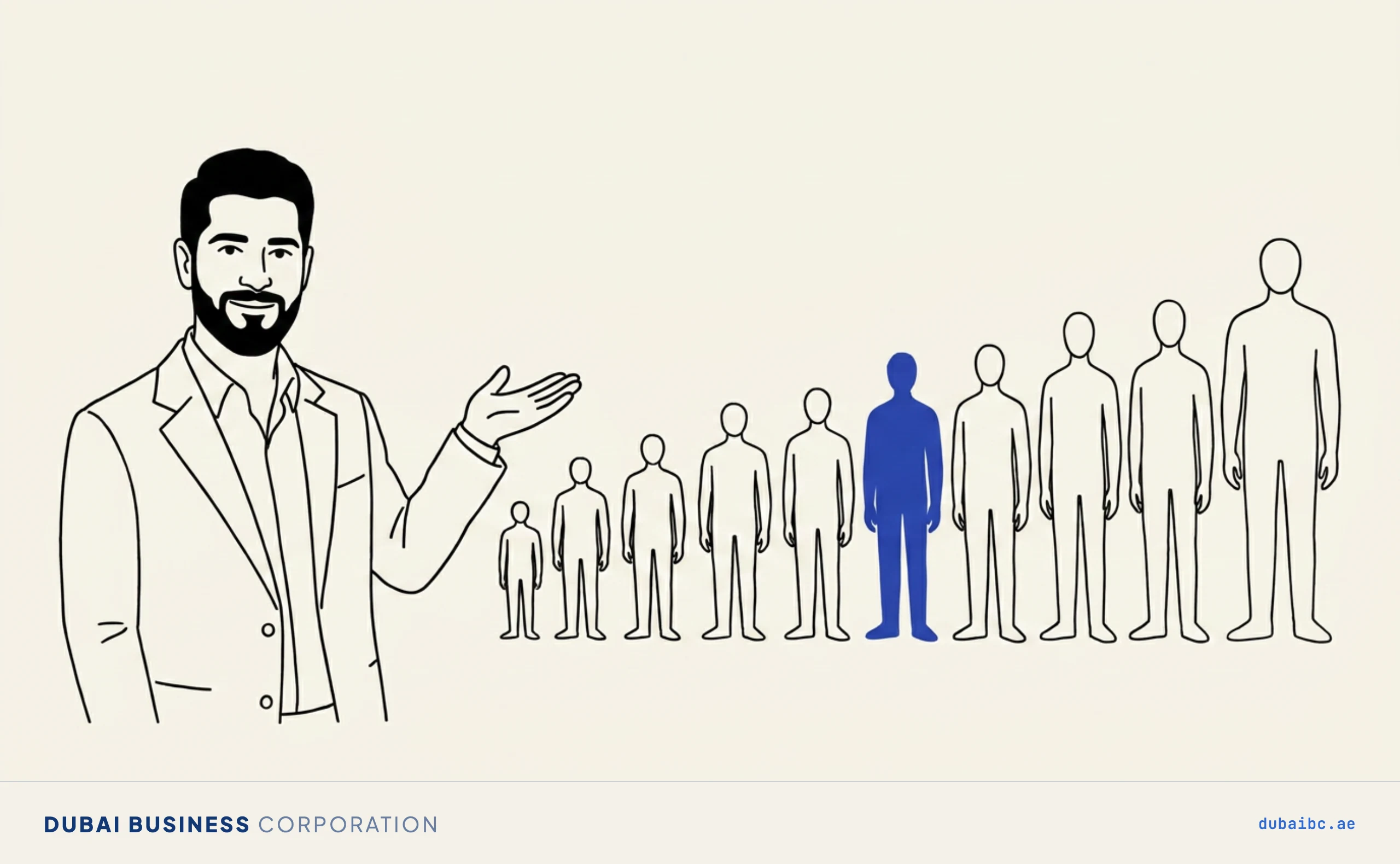 Line drawing of a man gesturing at a growing row of standing figures, one royal-blue.