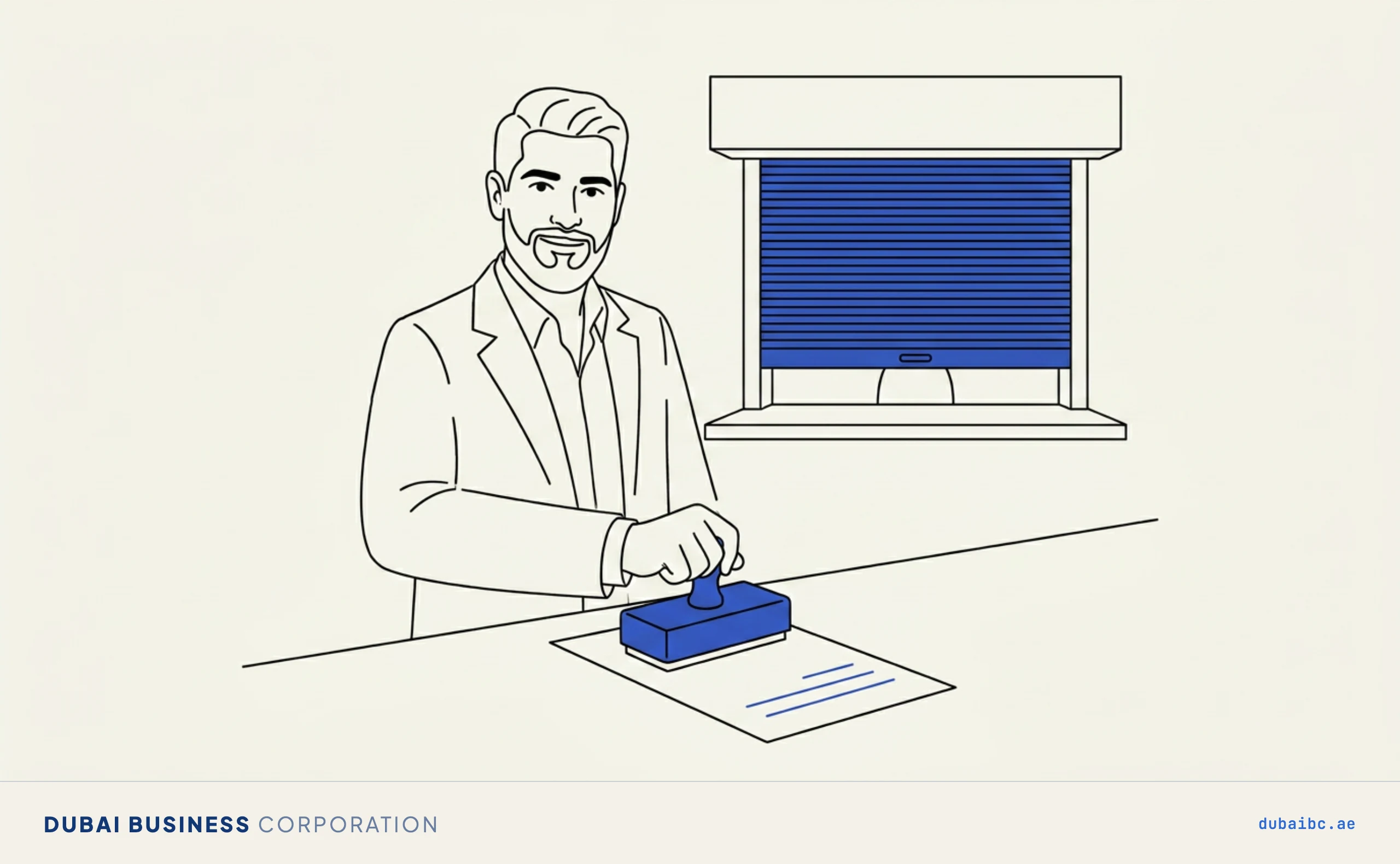 Line drawing of a man pressing a blue approval stamp onto a document while a government service counter behind him is shuttered closed.