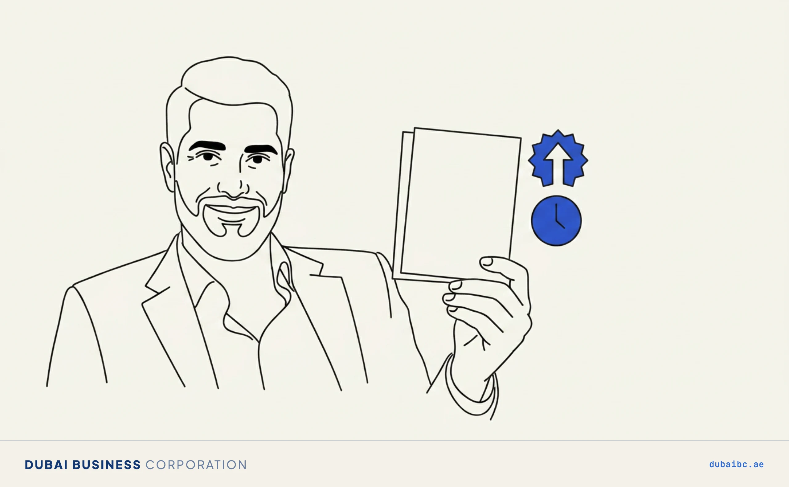 Line drawing of a man holding up a payslip, with a blue upward arrow and a blue clock floating beside it for higher holiday pay or a replacement day off.