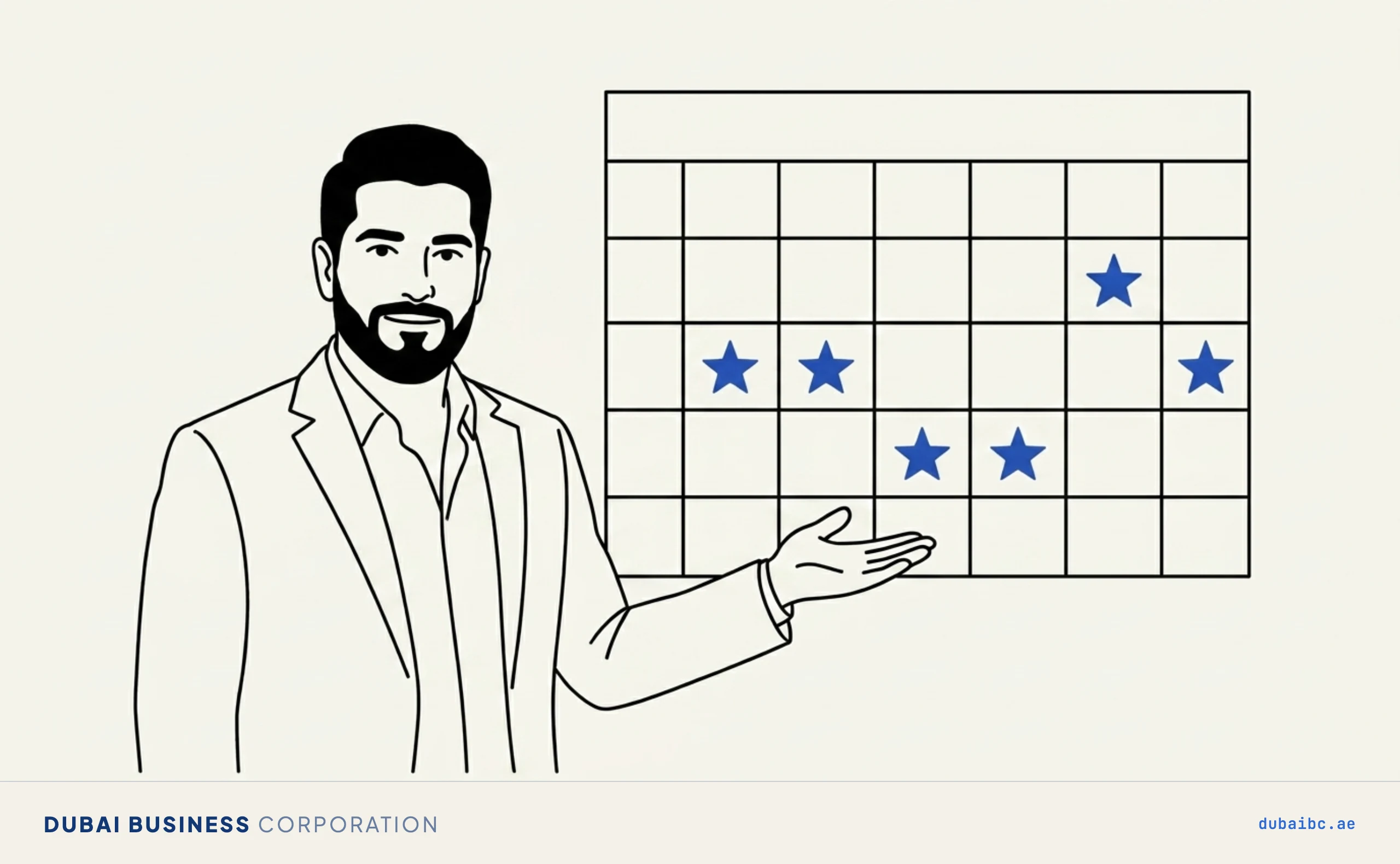 Line drawing of a man in a blazer presenting a wall calendar; seven separate days are each marked with a small royal-blue star, one for each UAE public holiday.