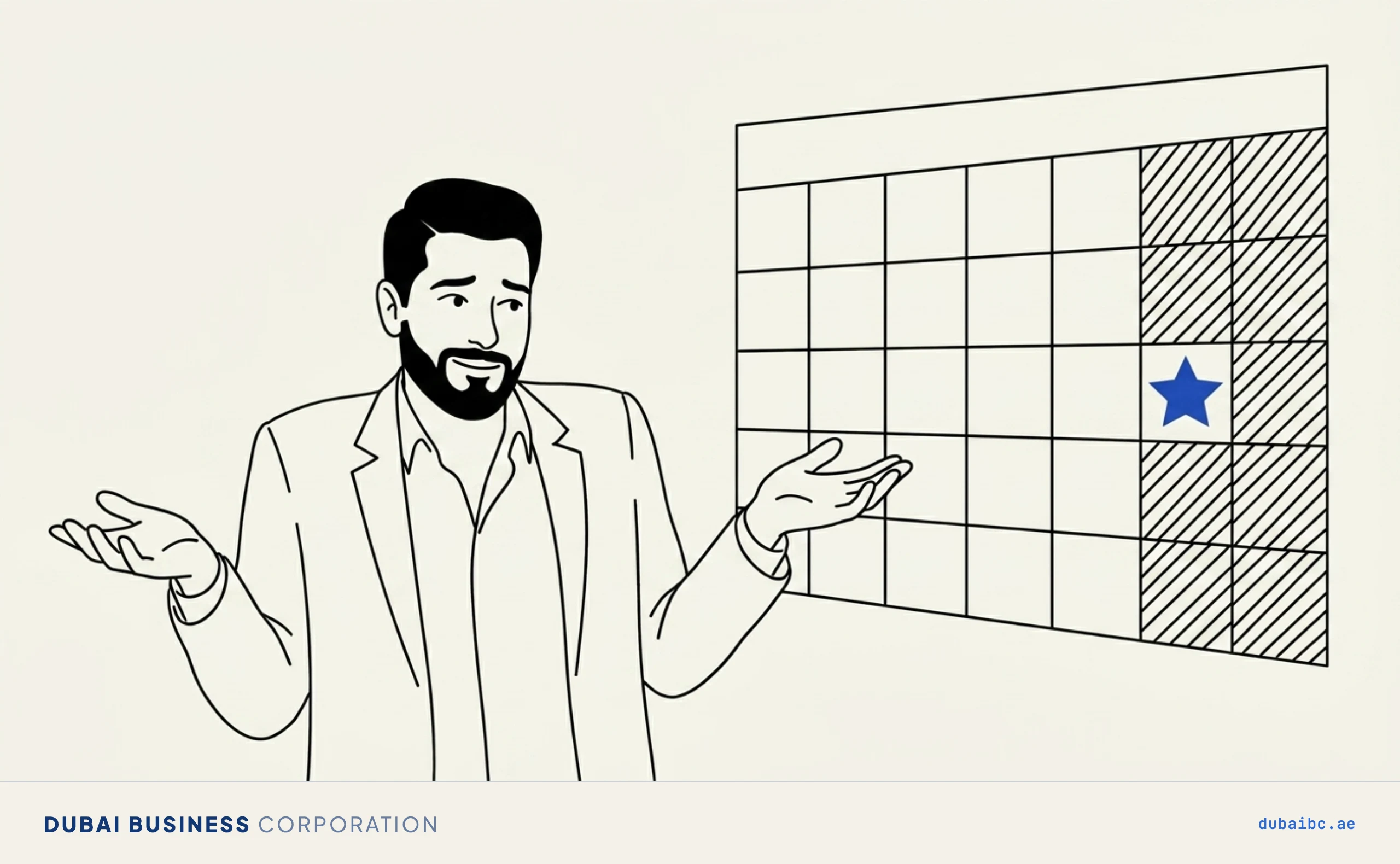Line drawing of a man giving a small shrug beside a wall calendar whose weekend columns are hatched, with a single blue holiday star sitting inside the weekend.