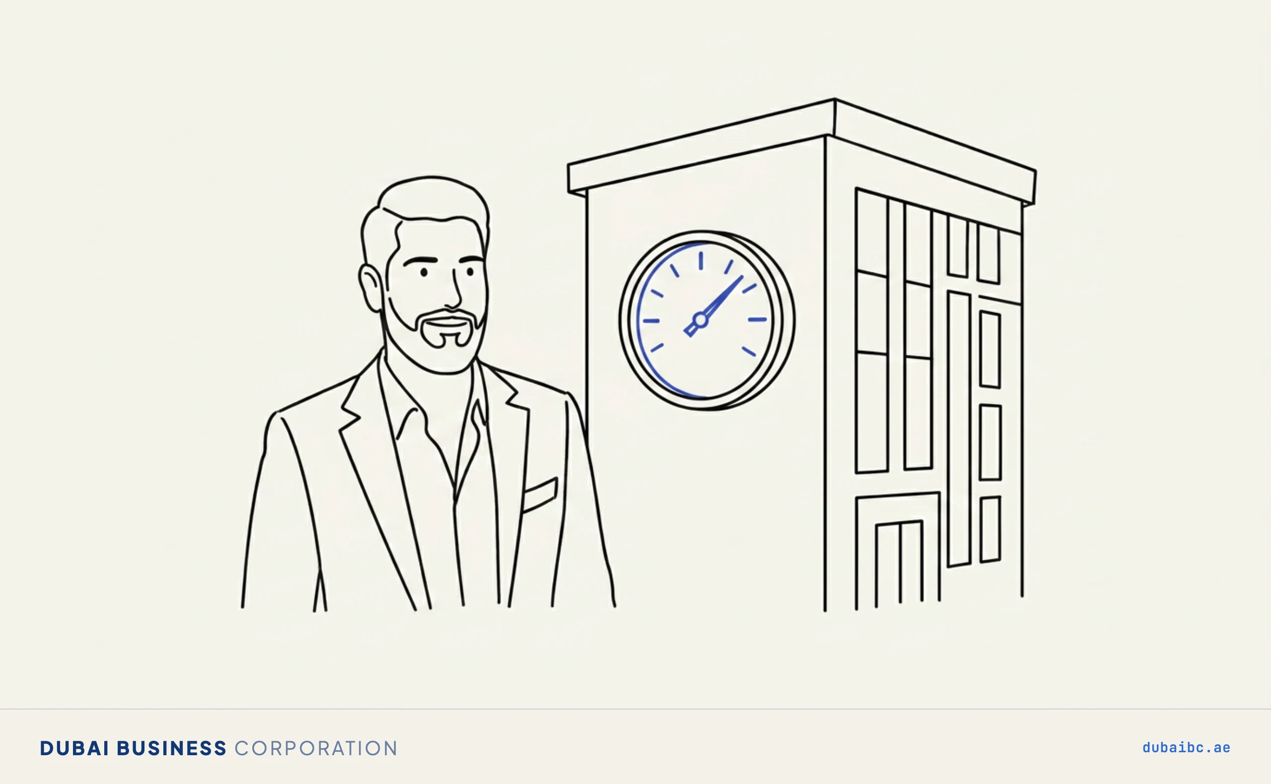 Line drawing of a man reading a single royal-blue dial gauge beside a plain building.