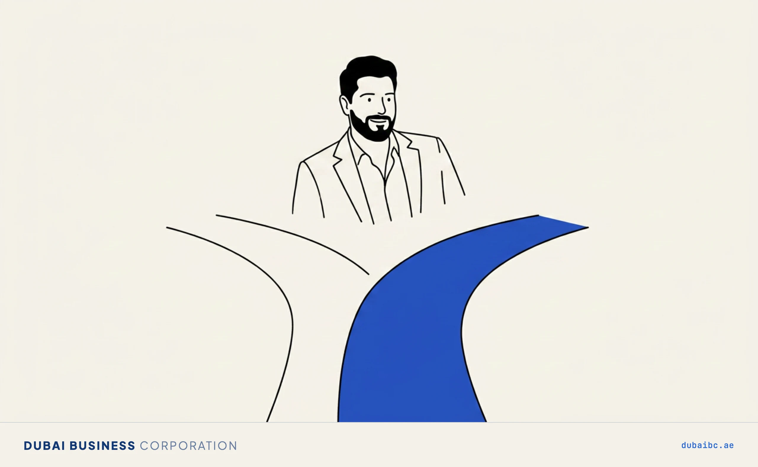Line drawing of a man where a path splits in two, the right branch royal-blue.
