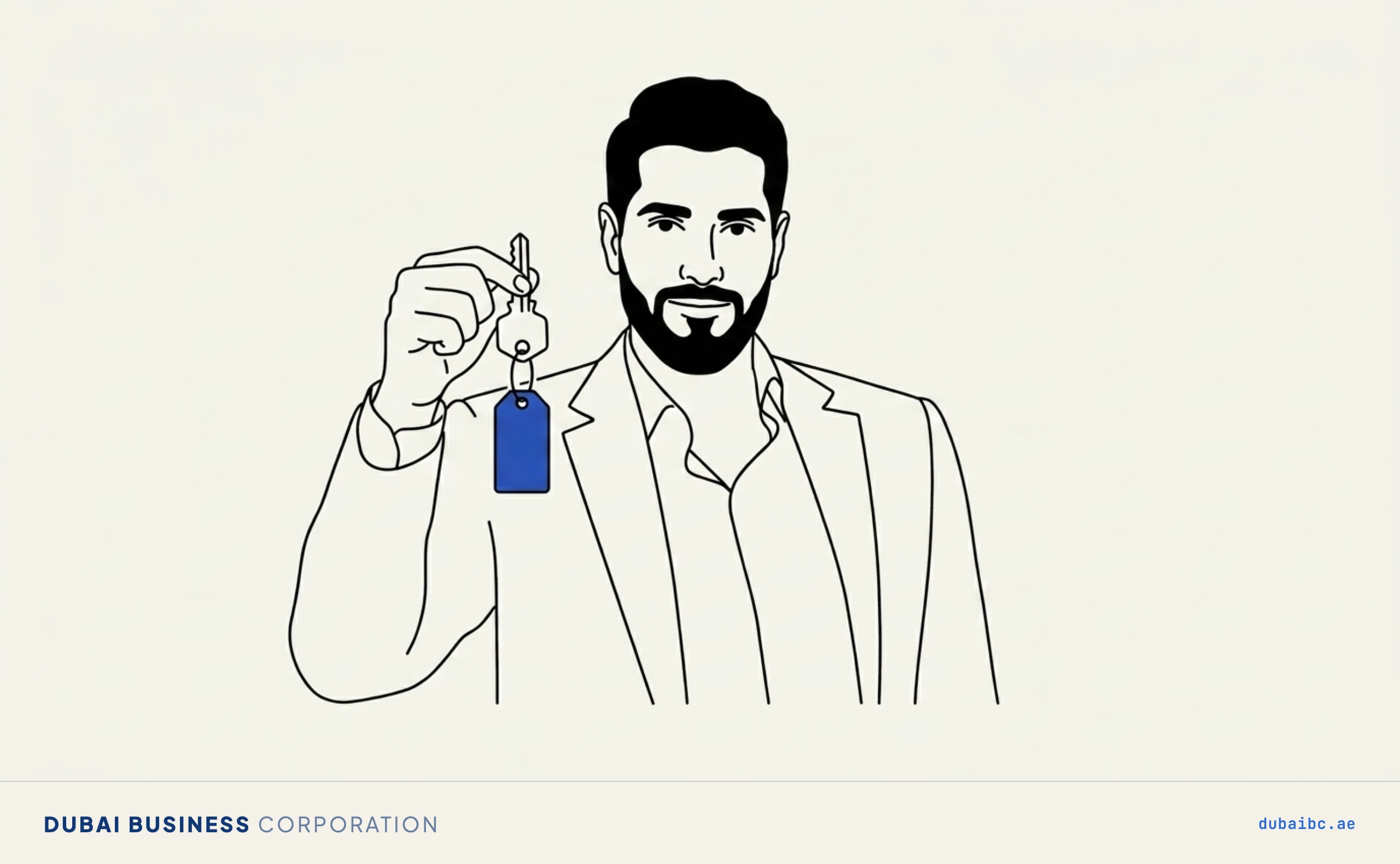 Line drawing of a man holding a door key with a single royal-blue permit tag hanging from it.
