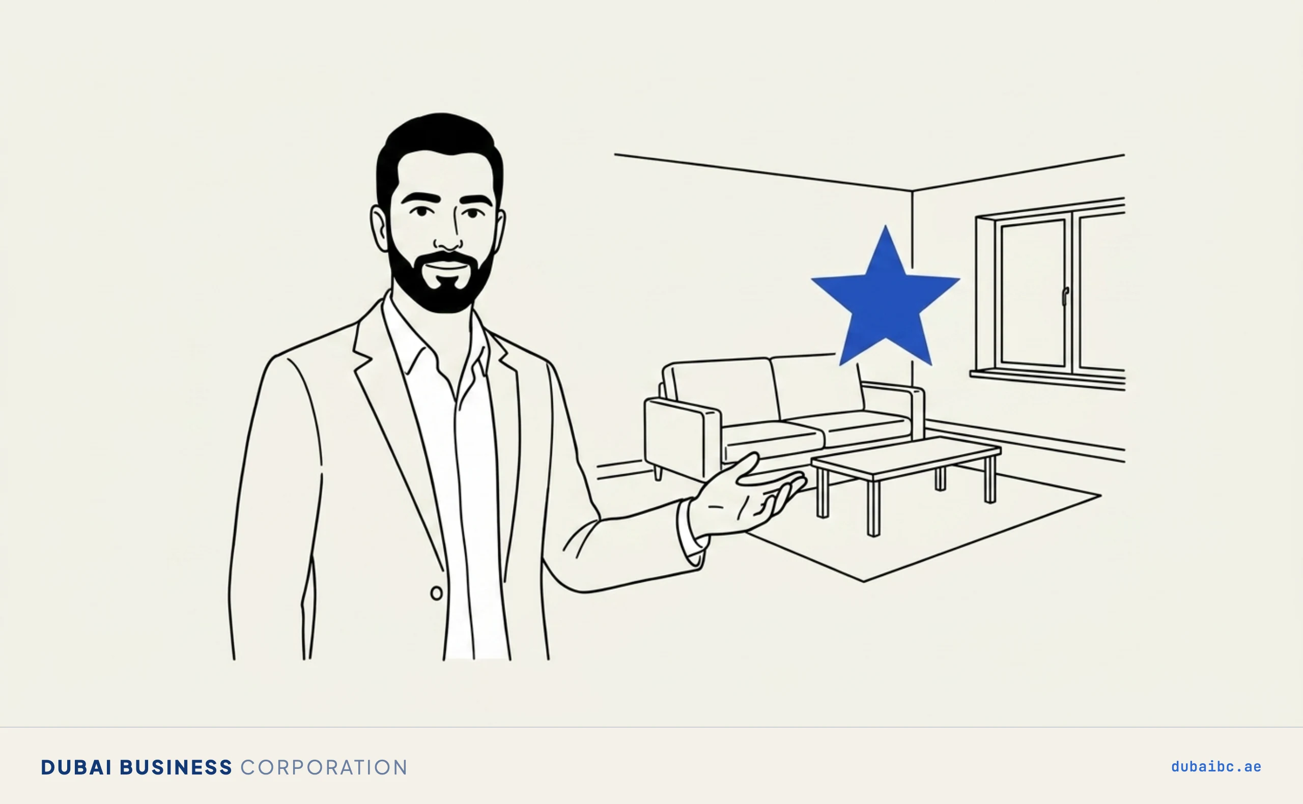 Line drawing of a man gesturing at a furnished room fitted with a single royal-blue quality star.