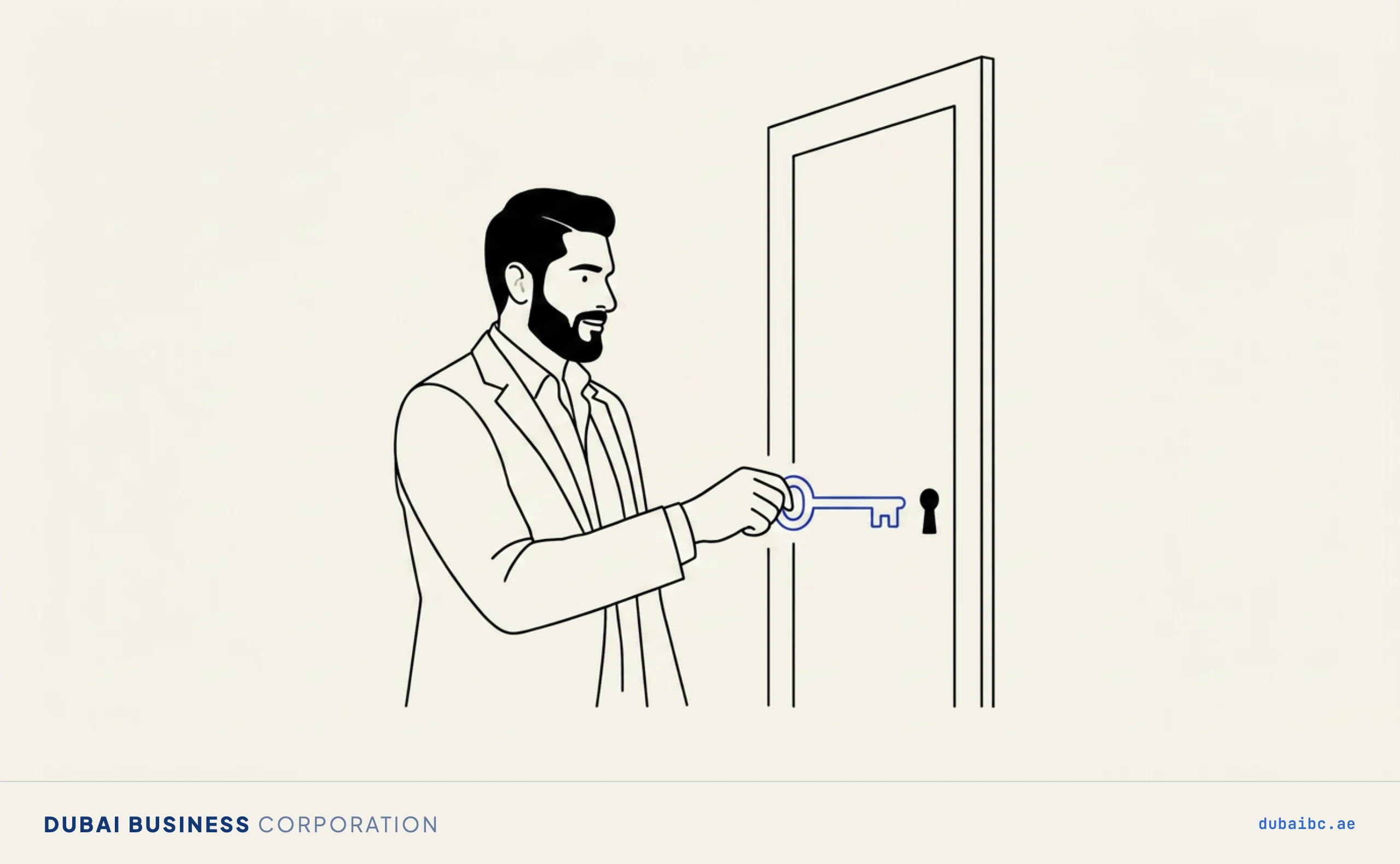 Line drawing of a man fitting a single royal-blue key into a plain login door.