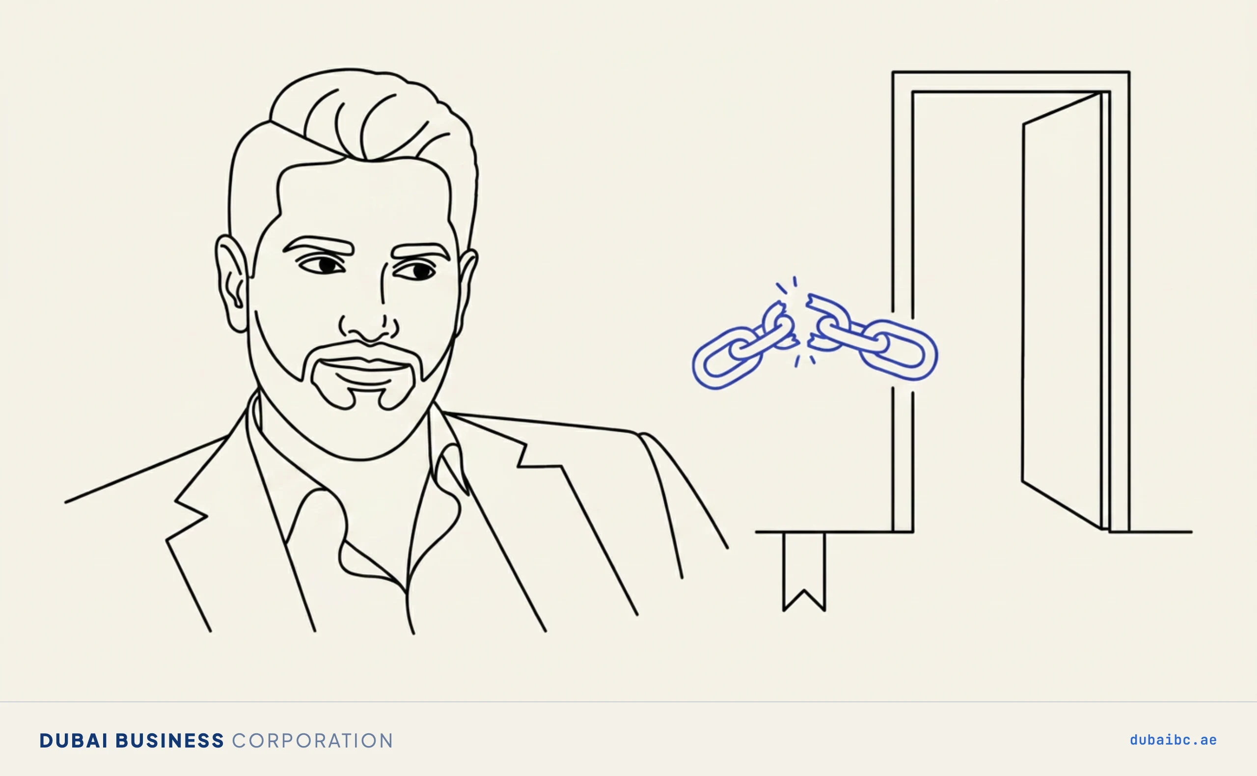 Line drawing of a man looking at a single royal-blue broken chain link between a bookmark and a doorway.