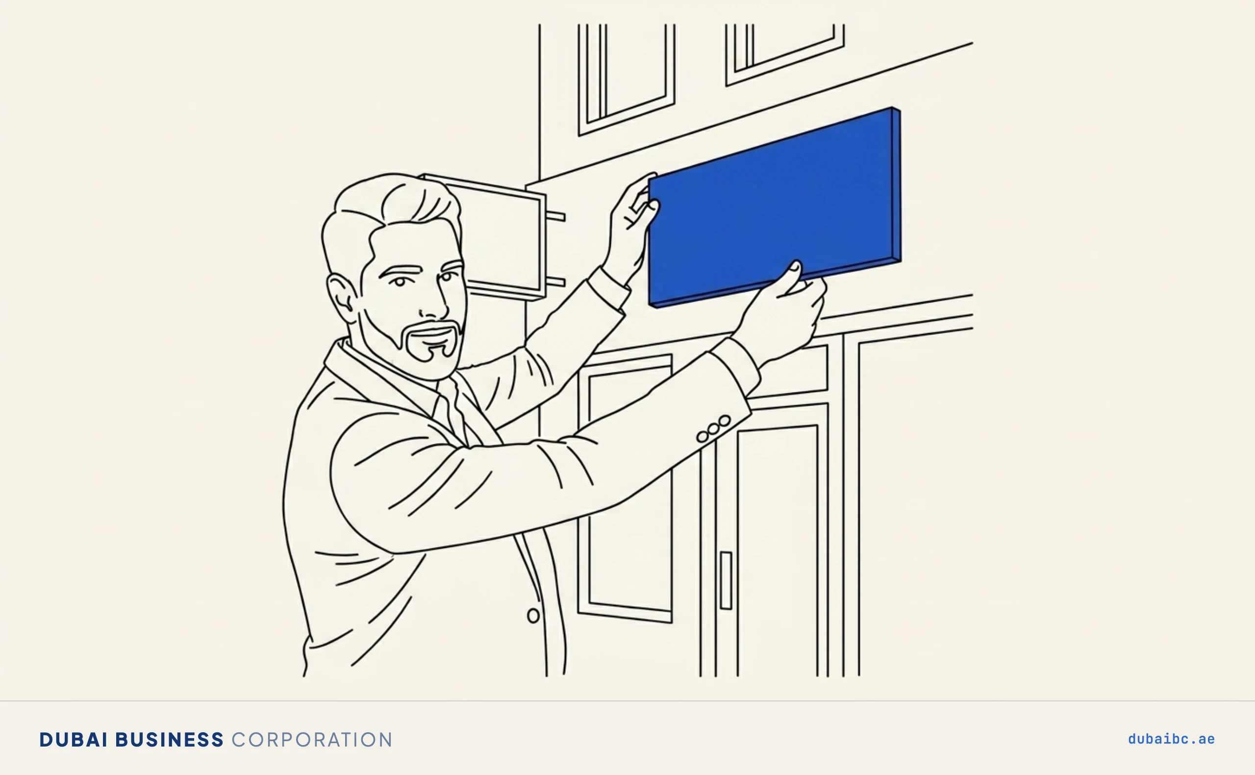 Line drawing of a man fixing a single royal-blue nameplate onto a plain building.