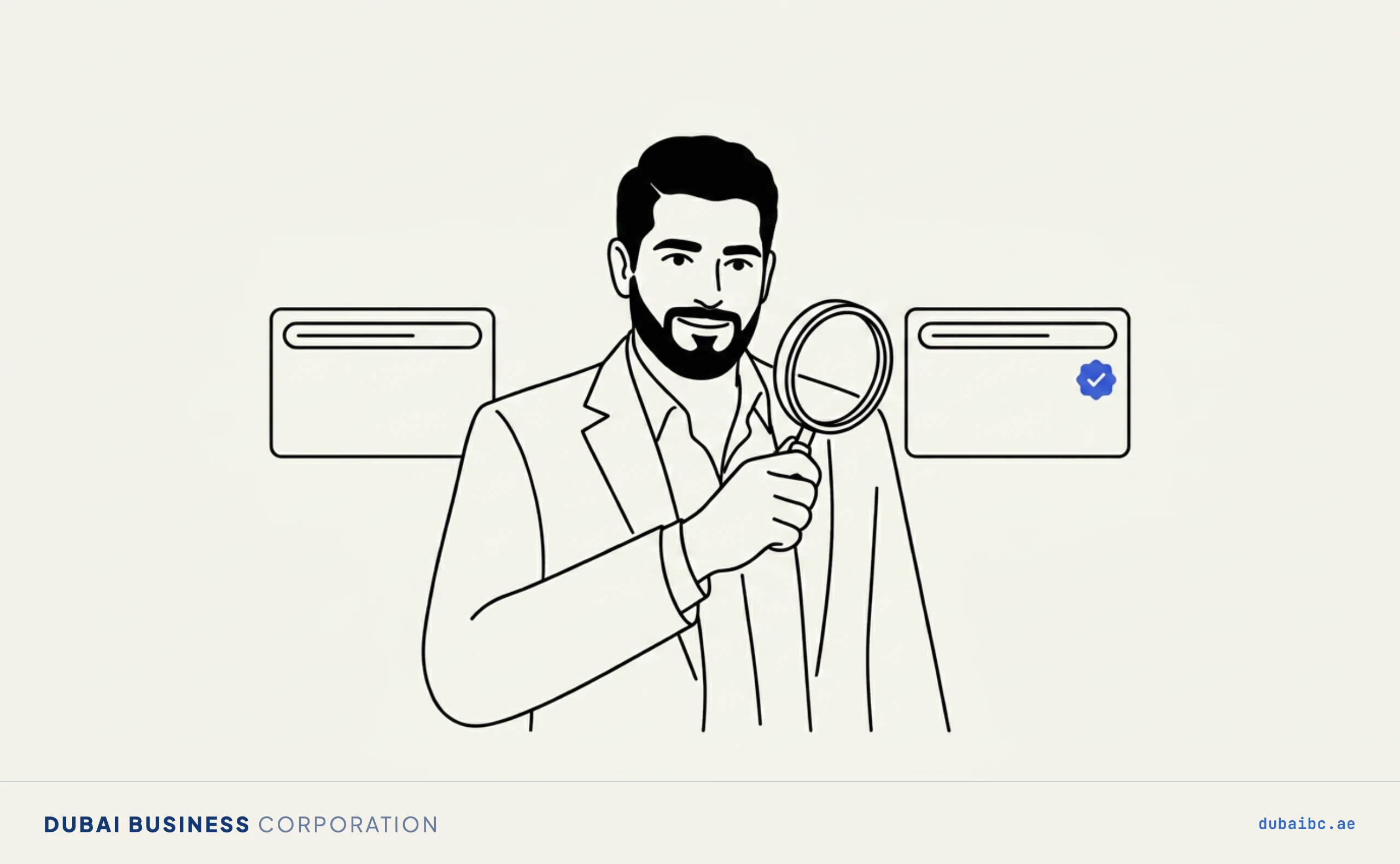 Line drawing of a man with a magnifier over two site cards, one carrying a royal-blue verified badge.